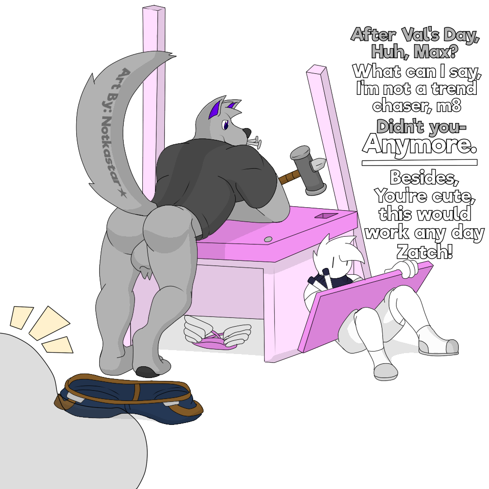 anthro ass balls bottomless bottomwear building canid canine canis clothed clothing duo fluffy furniture genitals hair hammer harness male mammal marker max_(character) nails notkastar pants public solo table tools wings wolf writing_(disambiguation) zatch_(character)