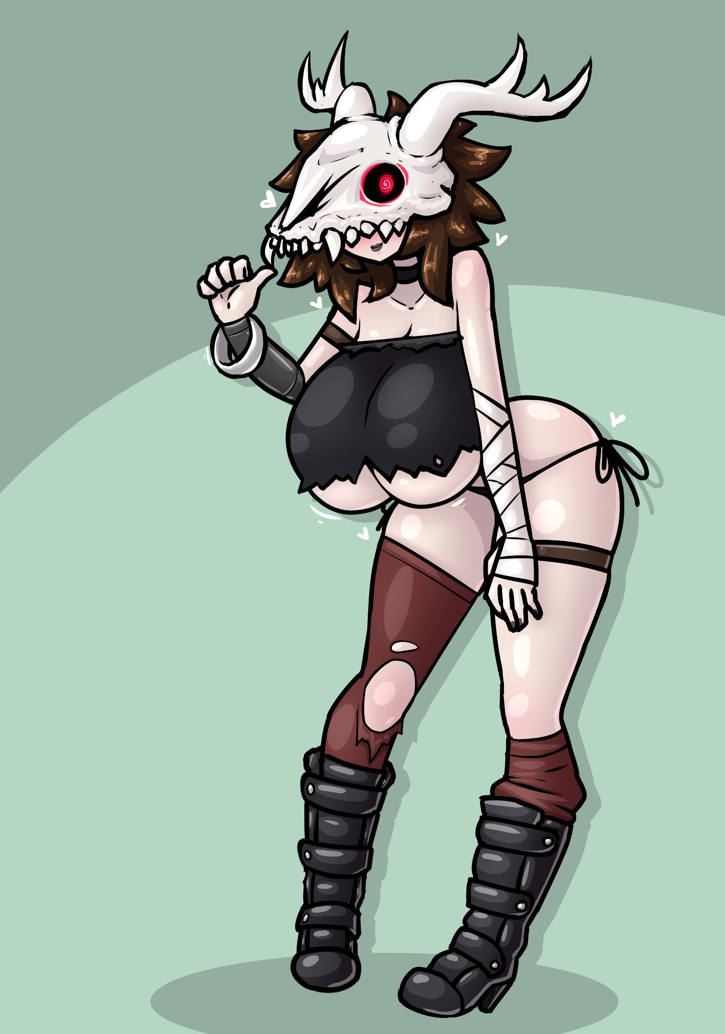 1girls, almost naked, bandage, big breasts, black lipstick, black nails, boots, bracelet, breasts, brown hair, curvy, female, female only, hearts, hidden eyes, humanoid, legwear, light skin, light-skinned female, limebreaker, mask, pale skin, pale-skinned female, panties, posing, red eyes, ripped clothing, seductive smile, short hair, skraeling (seztren), skull mask, tagme