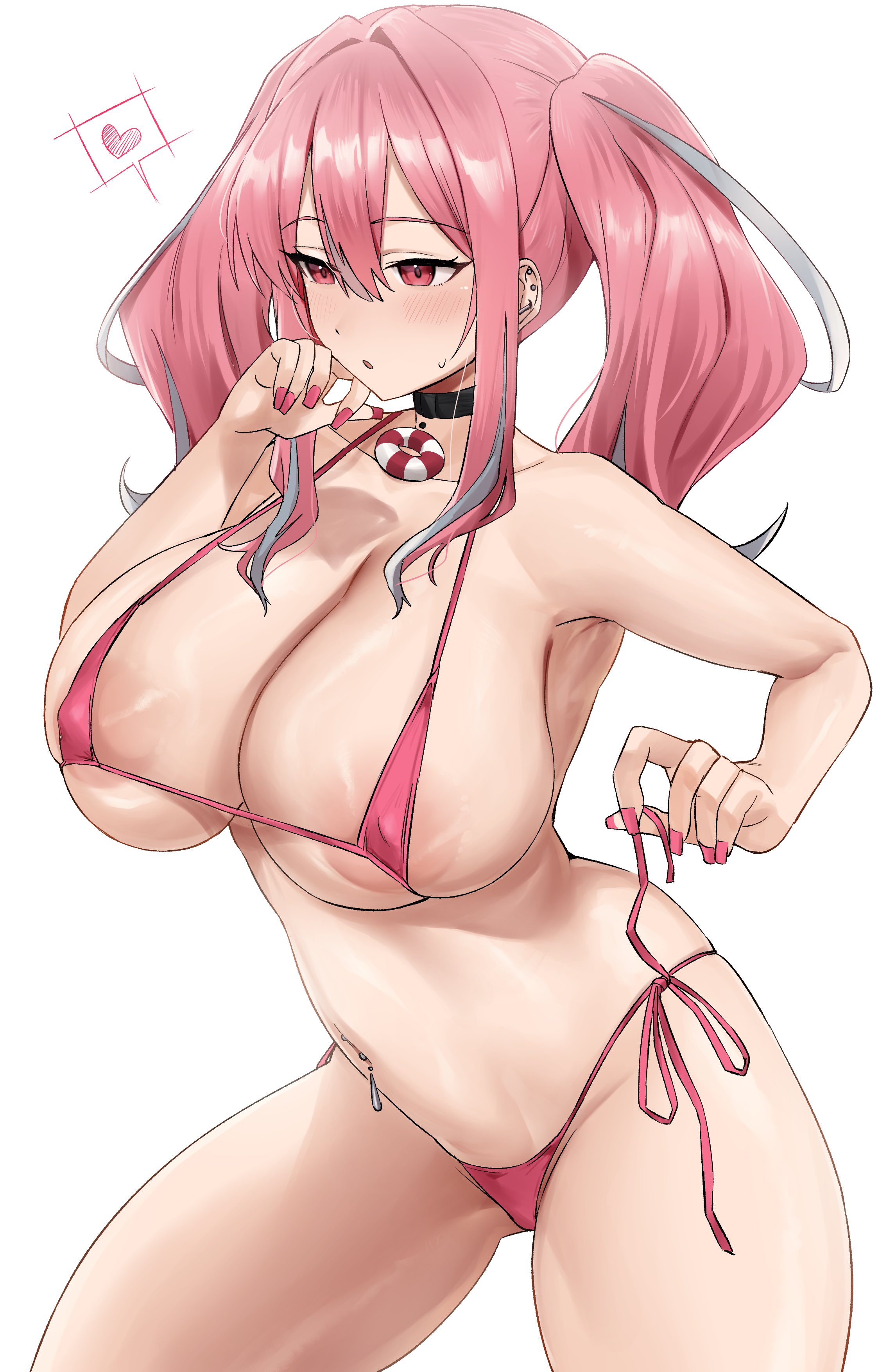 1girls, 2022, areola slip, areolae, azur lane, beauty mark, belly button piercing, bikini, breasts, bremerton (azur lane), choker, female, female only, hi res, hips, hotate-chan, huge breasts, large areolae, micro bikini, mole under eye, painted nails, pink bikini, pink eyes, pink hair, short hair, side-tie bikini, simple background, slim waist, thick thighs, thighs, twintails, white background, wide hips