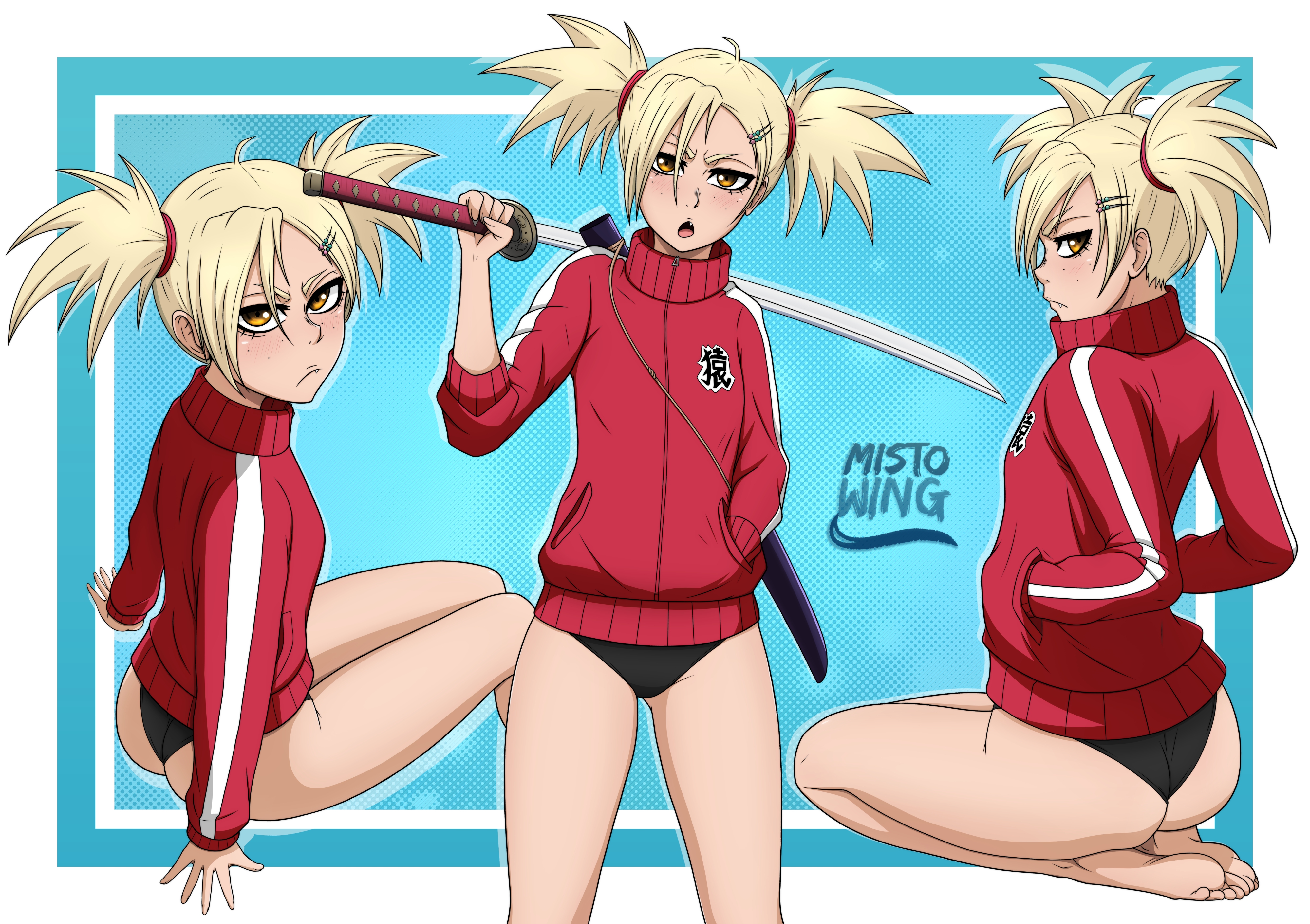 1girls, ass, bare legs, barefoot, black panties, bleach, blonde hair, female, female only, hiyori sarugaki, holding object, holding weapon, jacket, katana, kneeling, long hair, mistowing, multiple views, no pants, oerba yun fang, panties, partially clothed, petite, sarugaki hiyori, sharp teeth, sitting, solo, solo focus, standing, sword, tied hair, twintails, weapon