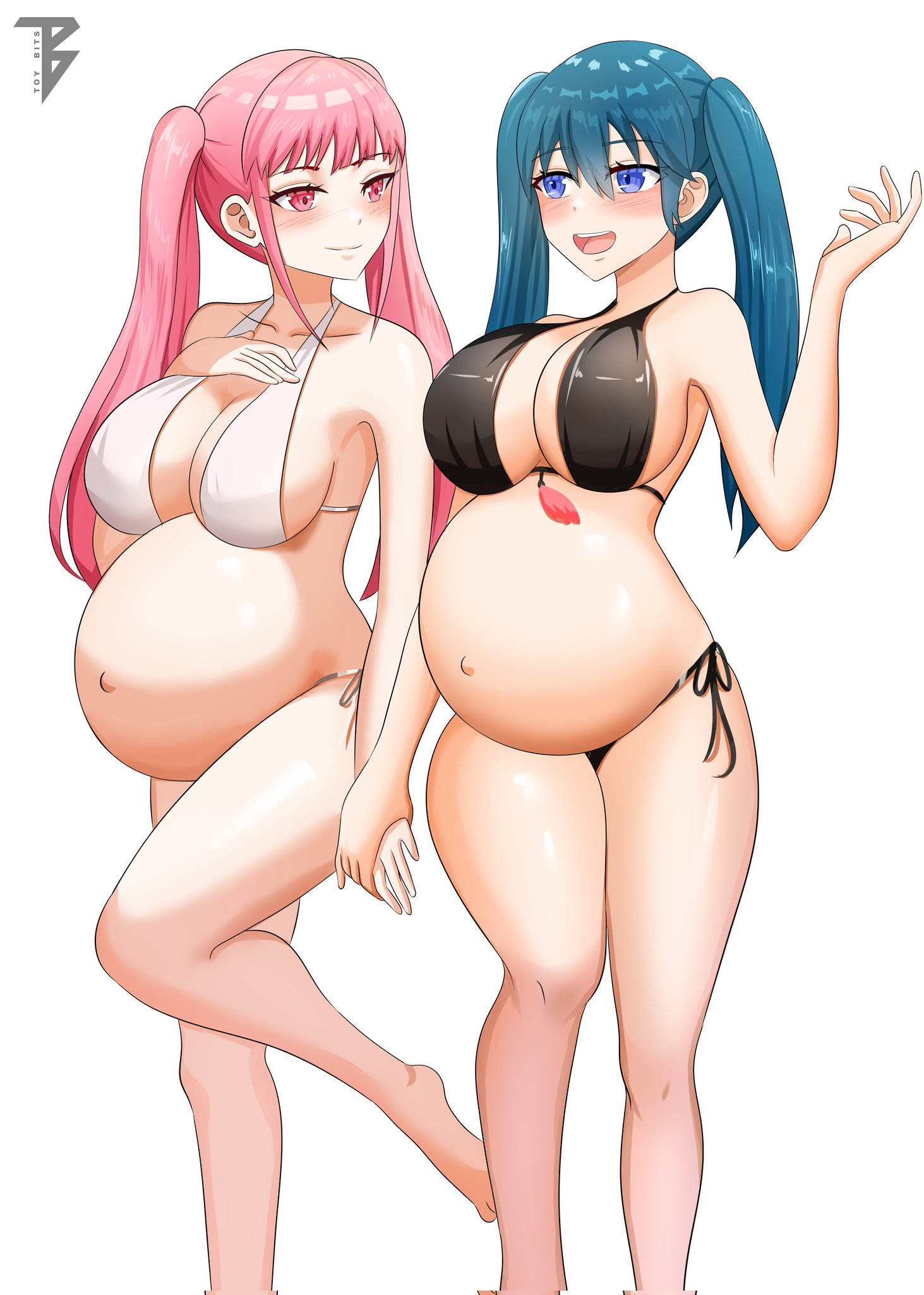 2girls, alternate costume, alternate hairstyle, bangs, bare legs, bikini, black bikini, black swimsuit, blue eyes, breasts, byleth (fire emblem), byleth (fire emblem) (female), double pregnancy, female, female only, fire emblem, fire emblem heroes, fire emblem: three houses, hilda valentine goneril, holding hands, large breasts, long hair, long pink hair, multiple females, multiple girls, multiple pregnancies, naked, nintendo, official alternate costume, pink eyes, pink hair, pregnant, sideboob, swimsuit, teal hair, toy bits, twintails, virginity loss, white background, white bikini, white swimsuit