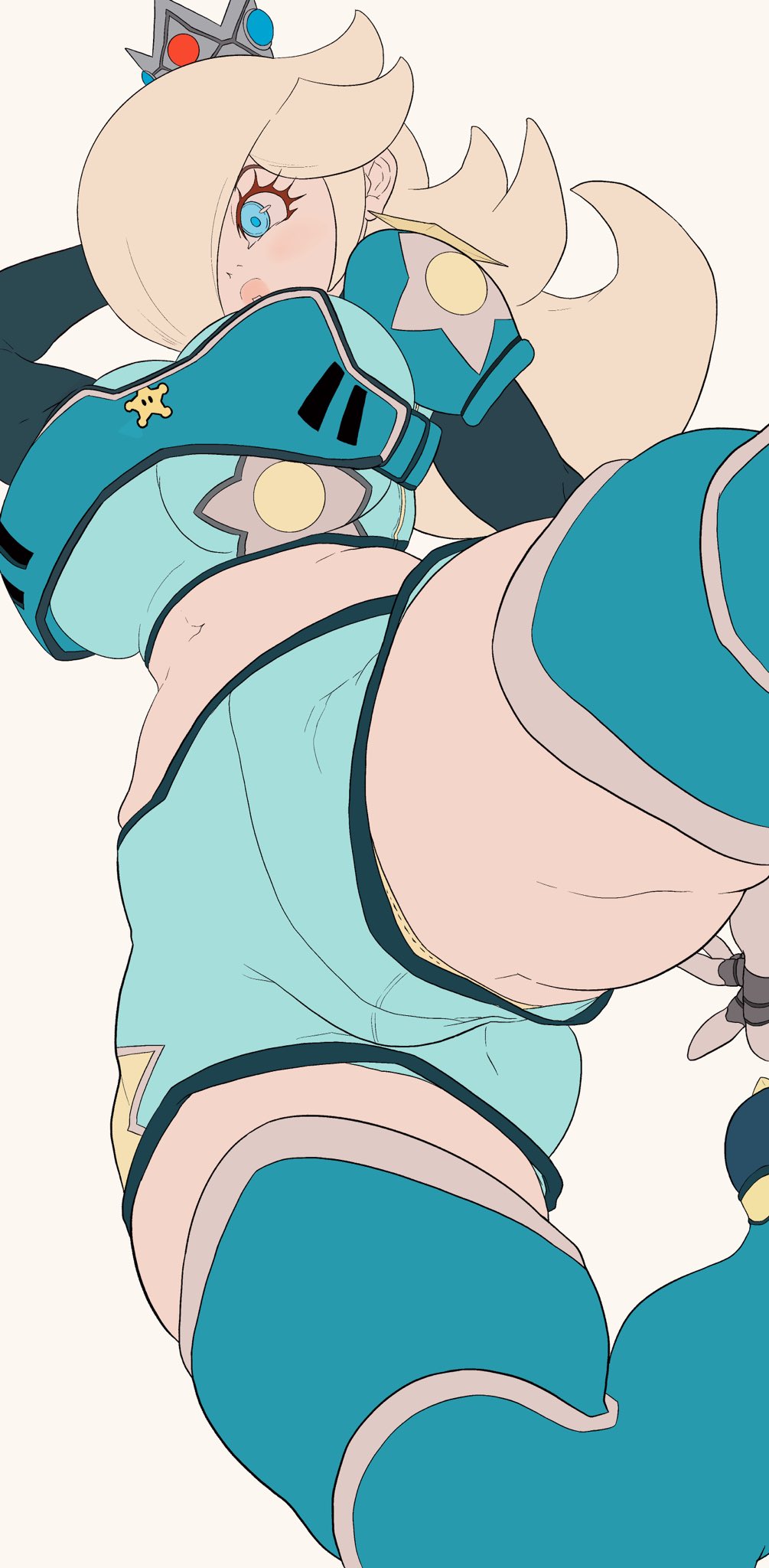 2022, armor, big breasts, blonde hair, blue eyes, breasts, crown, female, female focus, female only, large breasts, light skin, light-skinned female, long hair, looking down, mario (series), mario strikers, nintendo, noblood, princess rosalina, soccer uniform, sports uniform, sportswear, thick thighs, thighs, voluptuous, wide hips
