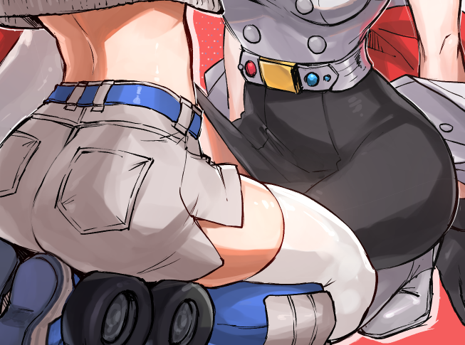 2girls artist_request bare_back belt dat_ass head_out_of_frame humanformers humanized jacket kotobukiya_bishoujo megatron optimus_prime rule_63 skirt small_ass transformers white_legwear yuri