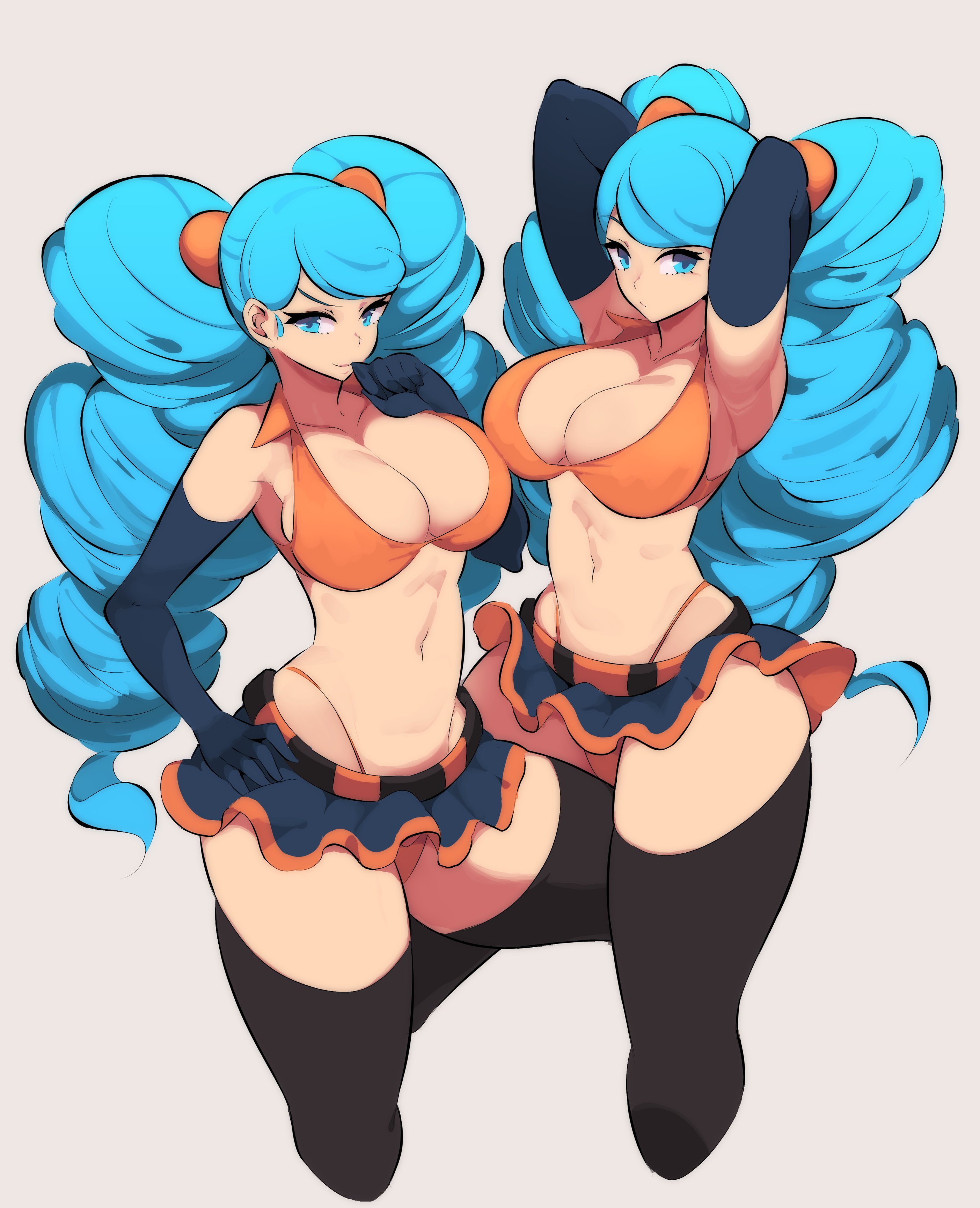 2022, 2girls, ace trainer (pokemon bw), ace trainer (pokemon), arms up, bikini top, blue eyes, blue hair, breasts, cleavage, female, female only, gloves, hi res, highleg panties, hips, huge breasts, long gloves, looking at viewer, nac000, naughty face, nintendo, npc trainer, orange bikini, panties, pokemon, pokemon bw, pokemon bw2, short skirt, simple background, sisters, skirt, slim waist, thick thighs, thighs, twins, twintails, wide hips