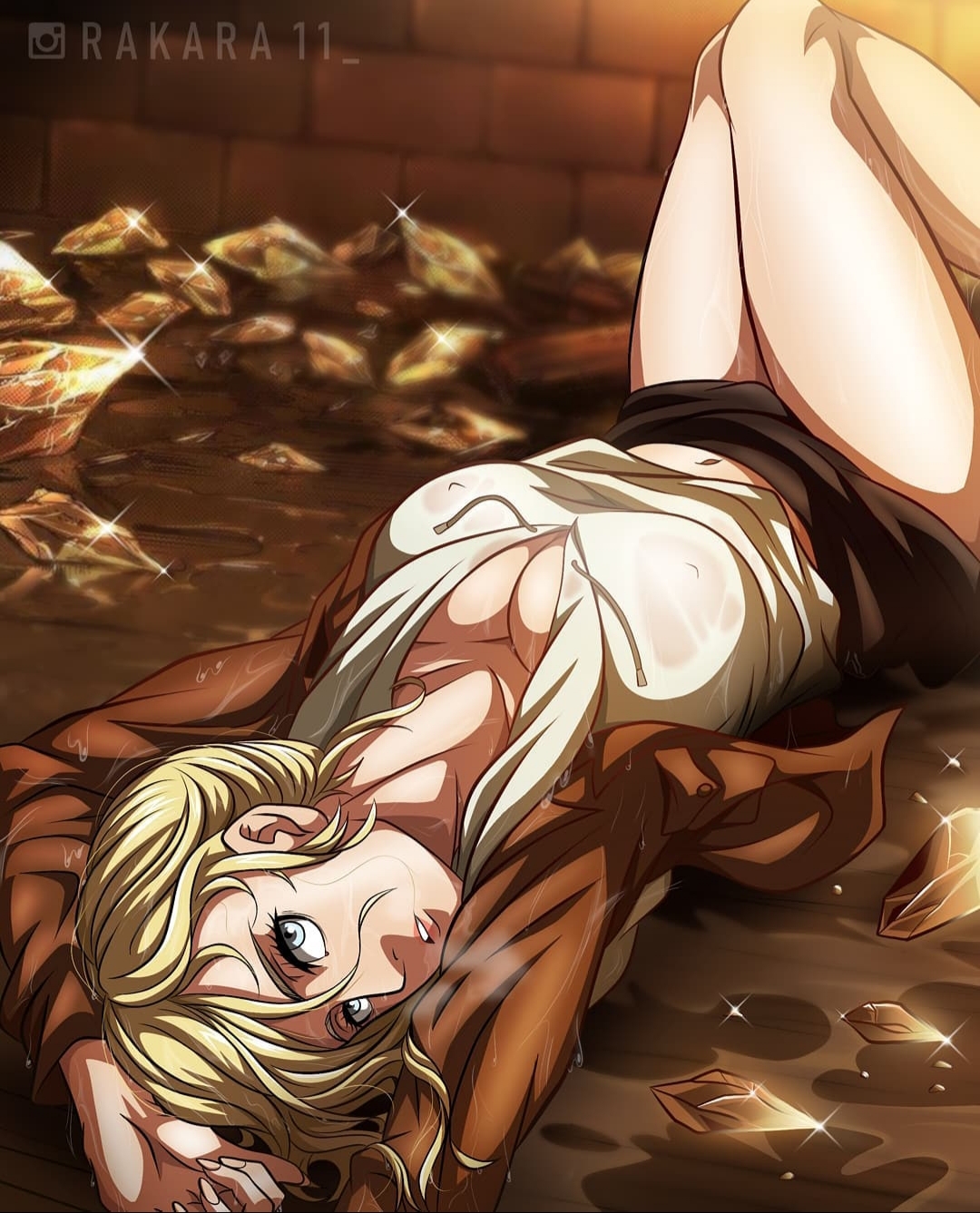 1girls, annie leonhardt, attack on titan, big breasts, blonde hair, blonde-haired female, blue eyes, breasts, female, legs, lying, lying on back, pose, rakara11, shingeki no kyojin, wet, wet clothes