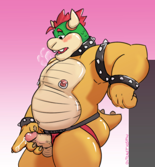 balls bara blush bowser clothing clothing_aside genitals humanoid_genitalia humanoid_penis jockstrap jockstrap_aside koopa male male_only mario_(series) nintendo nipple_piercing nipples outcast-stars penis piercing scalie solo underwear underwear_aside video_games