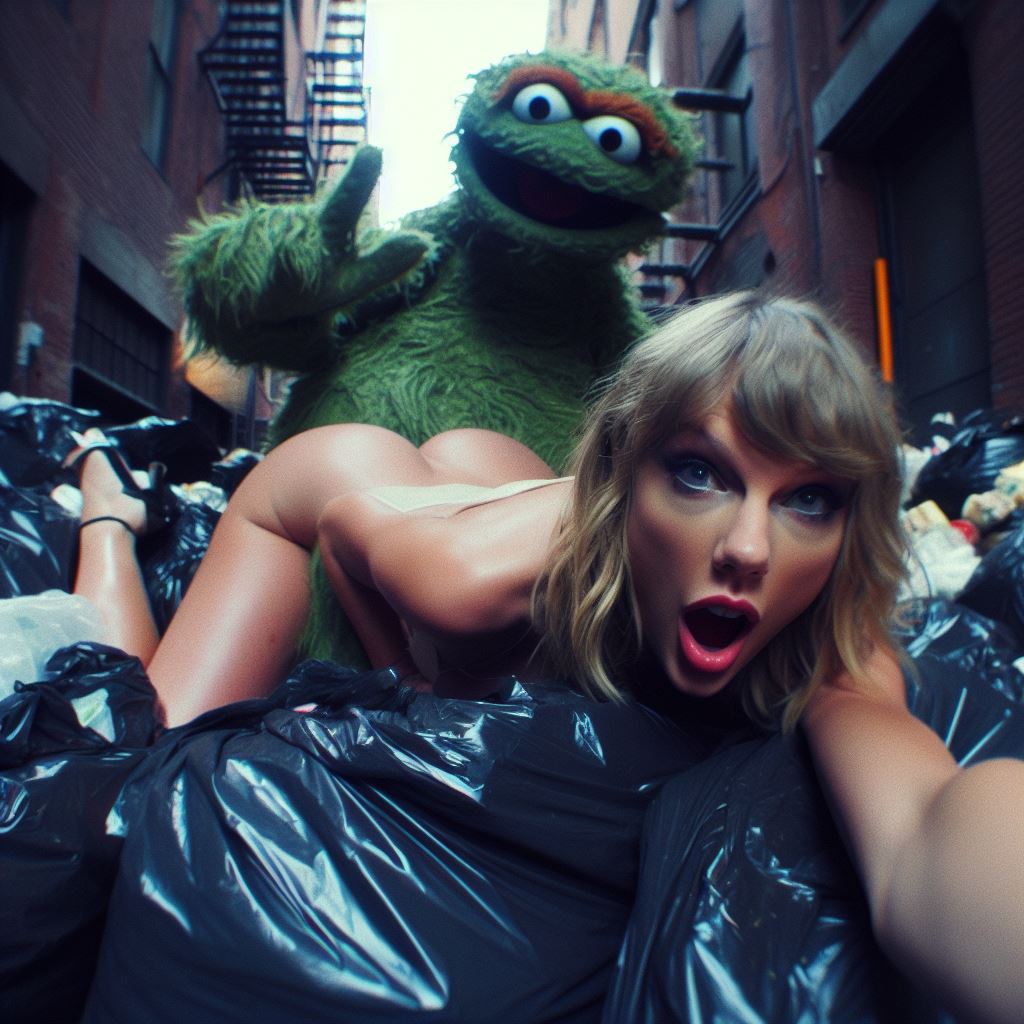 1girls ai_generated alley ass blonde_hair celebrity dall-e3 doggy_style garbage garbage_bags garbage_bin green_fur light-skinned_female looking_at_viewer muppets oscar_the_grouch peace_sign puppet real_person sesame_street tagme taylor_swift the_muppet_show trash trash_bag trash_can v_for_victory