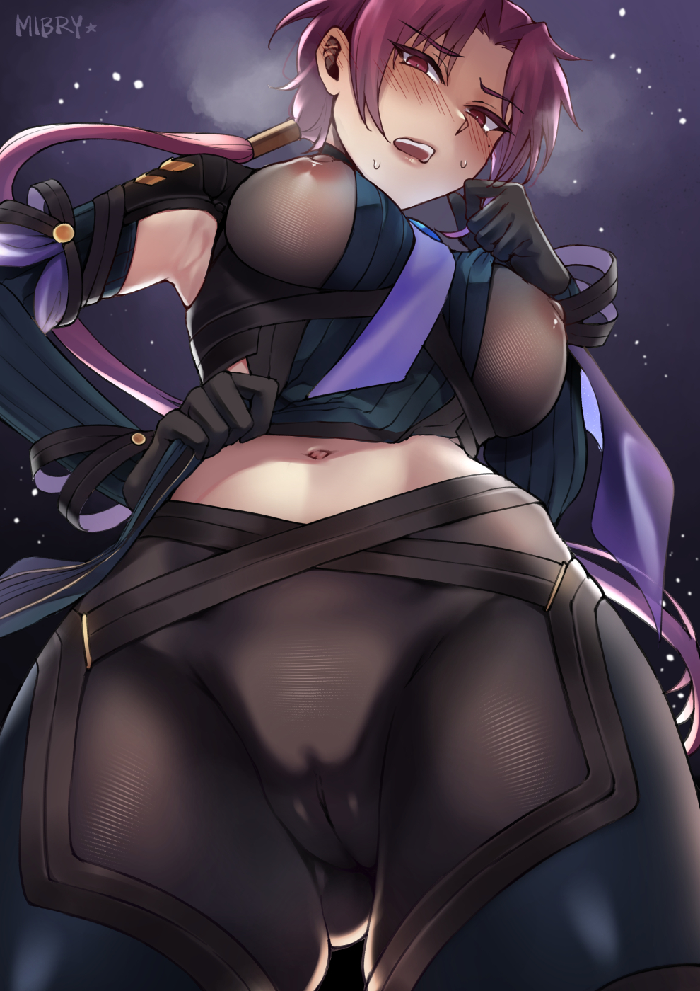 armpit_cutout armpits artist_name ass_visible_through_thighs bangs bazett_fraga_mcremitz black_bodysuit black_gloves black_legwear blush bodysuit breasts cameltoe clothing_cutout commentary covered_nipples cowboy_shot ear_blush eyebrows_visible_through_hair fate/grand_order fate_(series) female from_below gloves highres large_breasts long_hair looking_at_viewer low_ponytail manannan_mac_lir_(fate) mibry_(phrysm) midriff mole mole_under_eye navel necktie open_mouth pantyhose parted_bangs purple_hair purple_necktie sidelocks signature solo standing sweat teeth upper_teeth