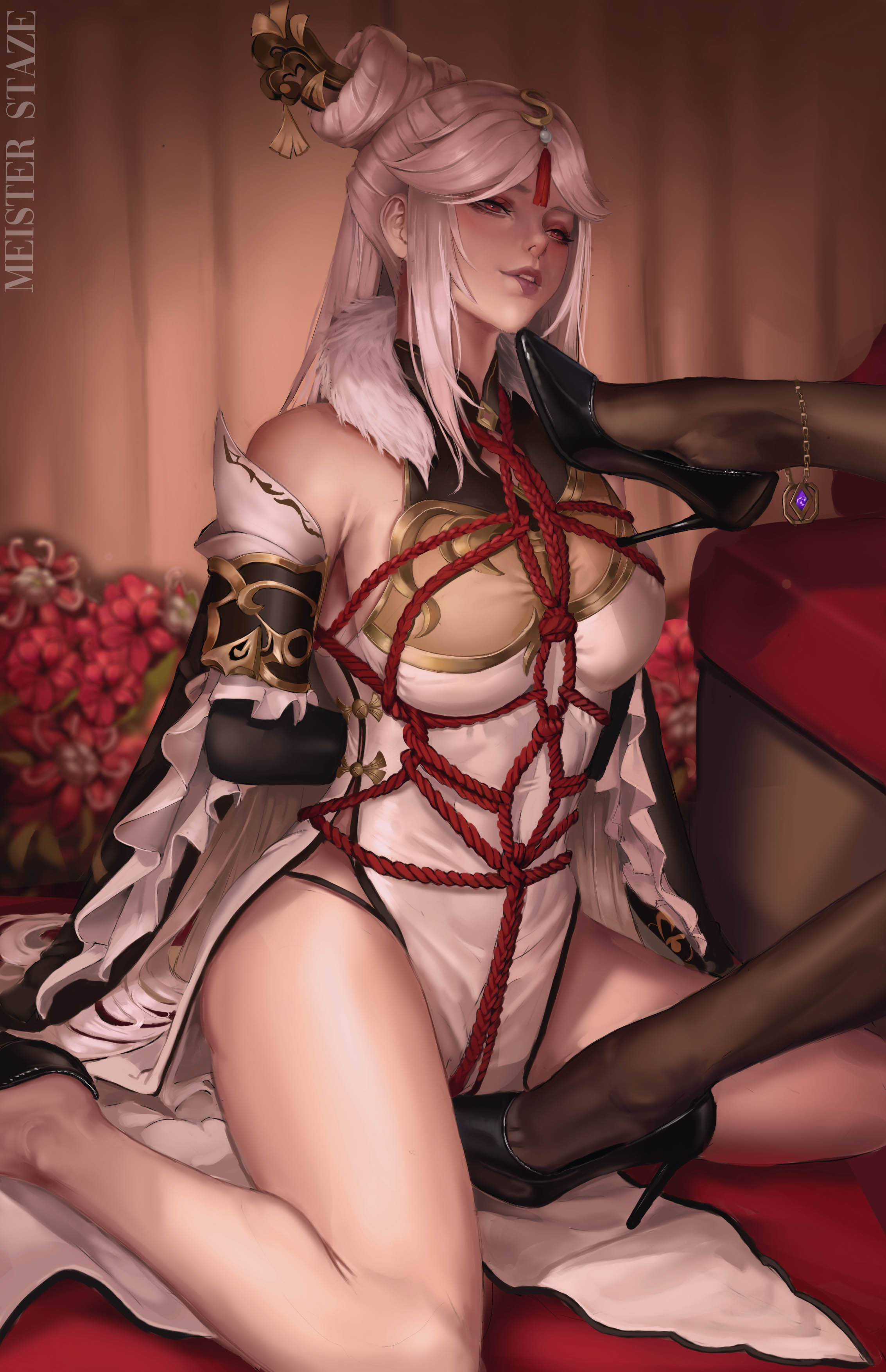 beidou (genshin impact), biting lip, black legwear, bondage, chinese clothes, female, genshin impact, hair ornament, hair pin, high heels, kneeling, lesbian, meister staze, mistress, ningguang (genshin impact), rope, rope harness, shibari, tied up, white hair, yuri