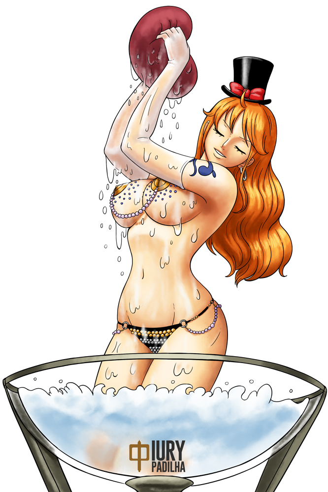 burlesque drinking_glass female female_only iury_padilha lury_padilha nami nipple_covers one_piece orange_hair solo thong wet