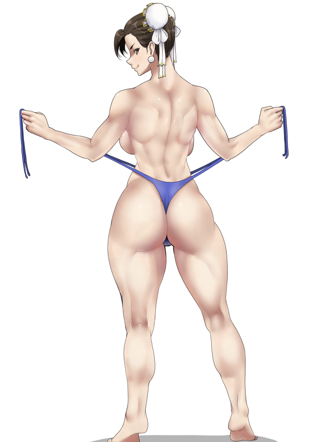 ass, backboob, breasts, bubble ass, bubble butt, capcom, chun-li, dangorou (yushi-art), female, muscular, muscular female, muscular thighs, solo, solo female, street fighter, thong, undressed, undressing, white background, wide hips