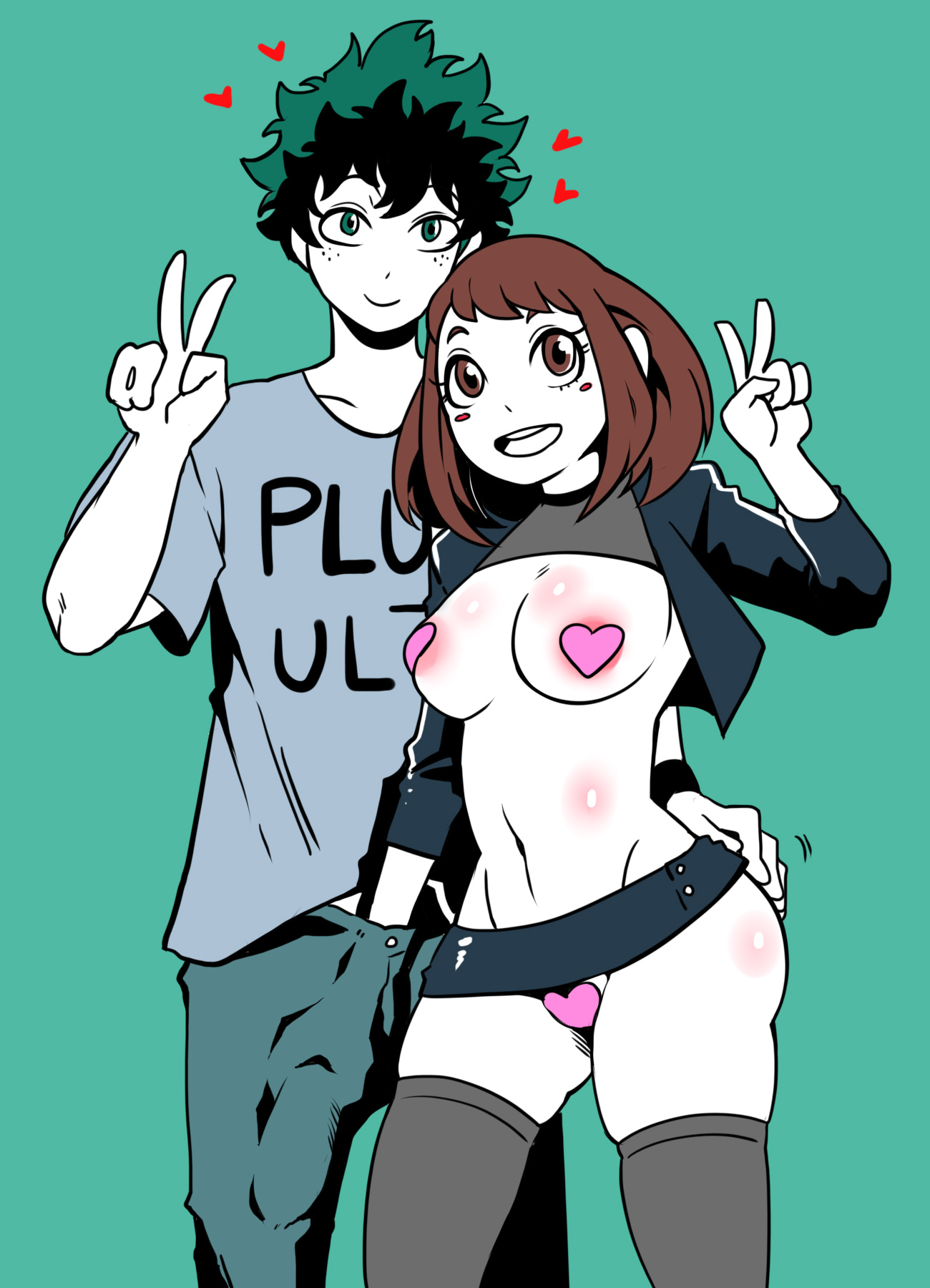 1boy, 1girls, areolae, ass, big penis, breasts, deaf (artist), female, female focus, hand in pants, handjob, heart pasties, izuku midoriya, male, miniskirt, my hero academia, nipples, ochako uraraka, pasties, penis, short skirt, skimpy, skimpy clothes, skirt