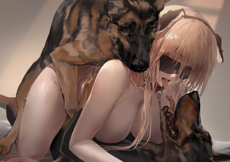 2dogs, all fours, azur lane, bismarck (azur lane), blonde hair, canine, polki, zoophilia