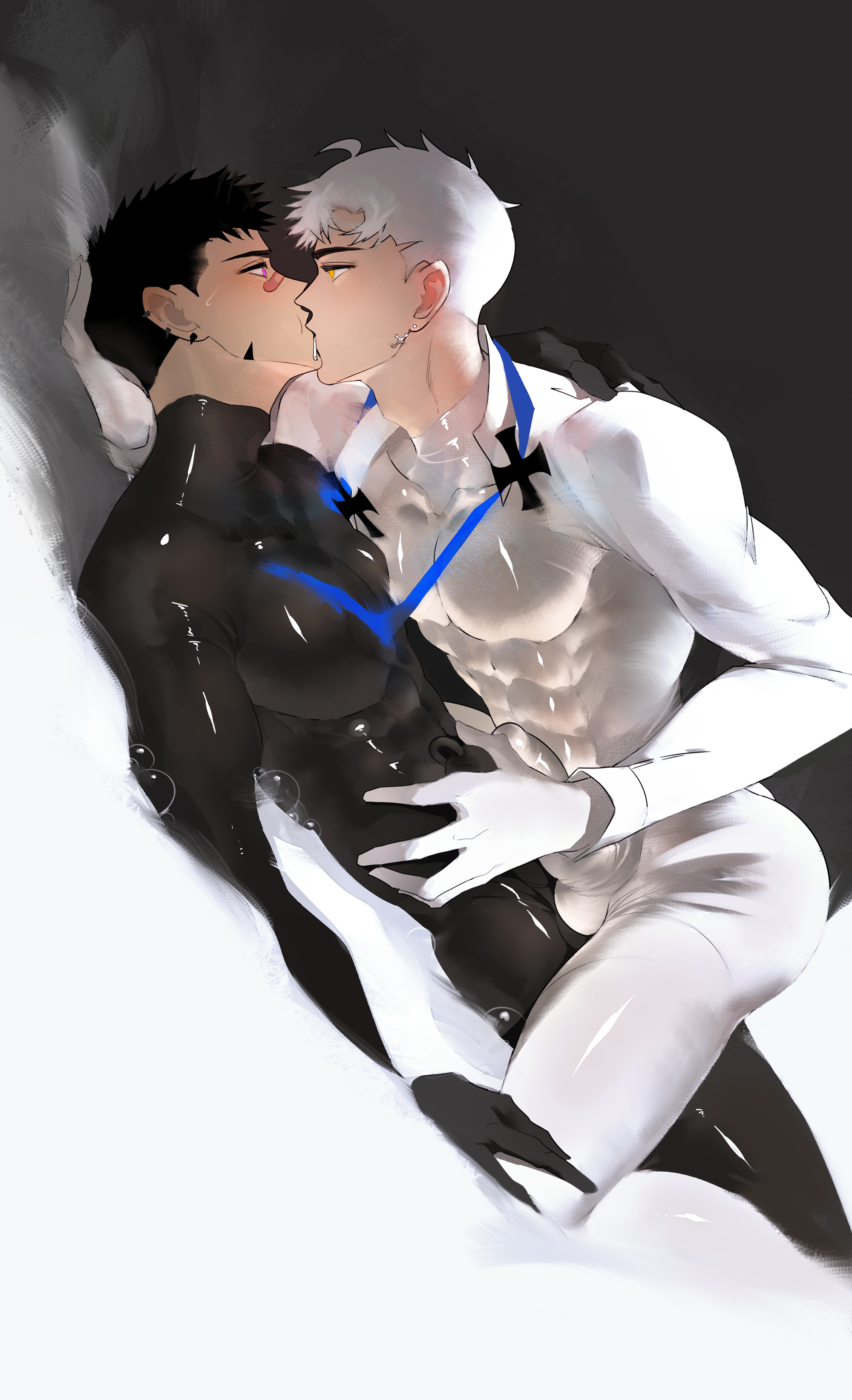 2boys, abs, ass, bara, big ass, big butt, big pecs, big penis, black hair, chest on chest, couple, erect penis, erection, erection under clothes, eye contact, gay, hand on hip, hi res, kissing, latex, latex clothing, latex suit, light skin, lymss, male, male focus, male/male, muscular, muscular male, original character, passionate, passionate kiss, penis, pink eyes, romantic ambiance, romantic couple, white hair, yaoi, yellow eyes
