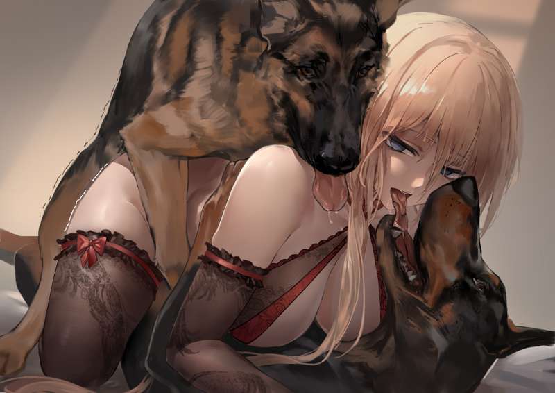 2dogs, all fours, azur lane, bismarck (azur lane), blonde hair, canine, polki, zoophilia