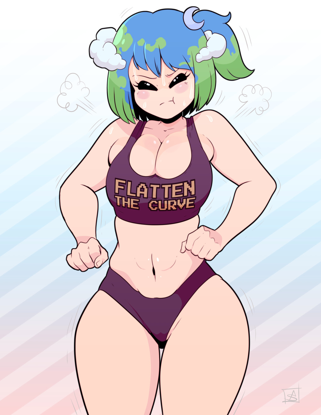 1girls blue_hair blush breasts cleavage curvy earth-chan female_only green_hair large_breasts nasa ponytail sports_bra struggling sweat theaaronschmit thick_thighs