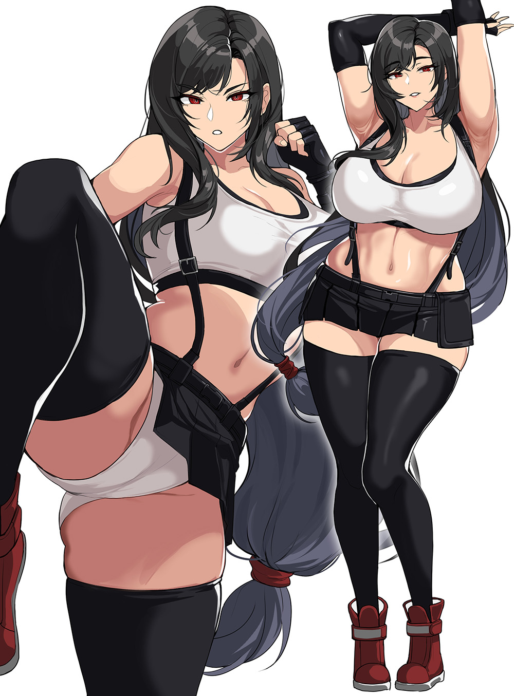 1girls, 2022, action pose, black hair, breasts, cleavage, clothed, clothed female, crop top, drogod (artist), fair skin, fair-skinned female, female, female focus, female only, final fantasy, final fantasy vii, final fantasy vii remake, hips, huge breasts, light skin, light-skinned female, long hair, midriff, panties, red eyes, short skirt, skirt, slim waist, solo, solo female, solo focus, square enix, suspenders, tank top, thick thighs, thighs, tifa lockhart, white panties, wide hips