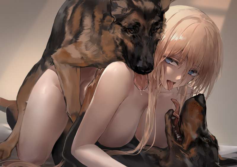 2dogs, all fours, azur lane, bestiality, bismarck (azur lane), blonde hair, blue eyes, canine, drooling, female, feral, feral on female, german female, german shepherd, looking back at partner, polki, tongue, tongue out, zoophilia