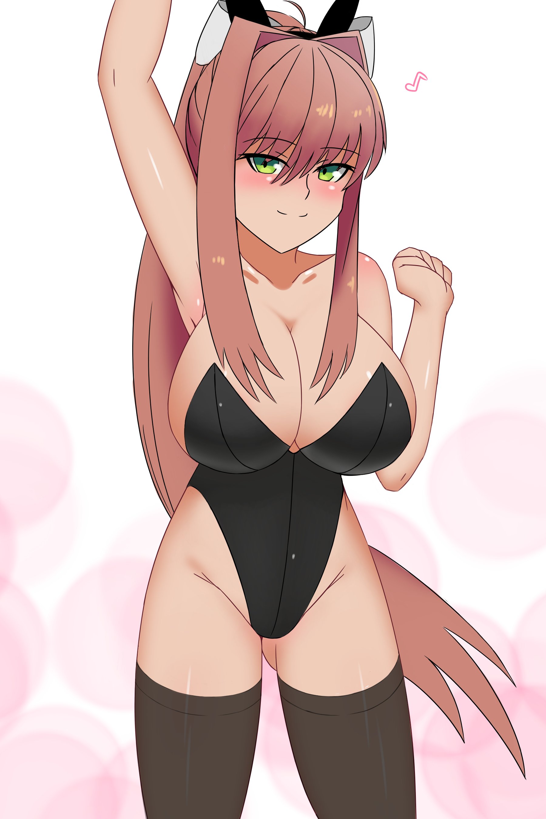 alternate costume, breasts, bunnysuit, clothed, clothing, doki doki literature club, female, latex, monika (doki doki literature club), pibu, shiny clothes, solo, tagme, tight clothing