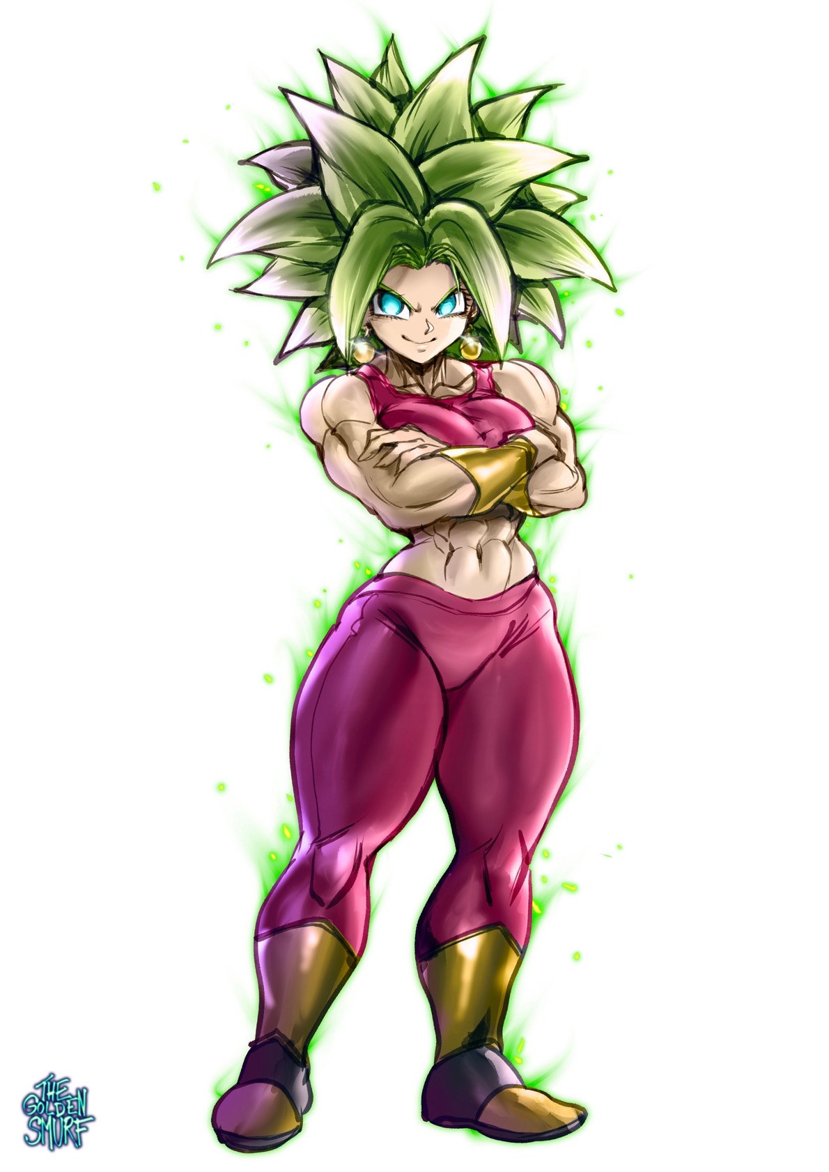 1girls, 2021, abs, arms crossed, artist signature, big breasts, blue eyes, bracer, bracers, breasts, clothed, clothing, dragon ball, dragon ball fighterz, dragon ball super, earrings, female, green hair, hips, kefla, legendary super saiyan, long hair, looking at viewer, muscular, muscular arms, muscular female, muscular legs, muscular thighs, redraw, saiyan, signature, smile, solo, solo female, solo focus, spiky hair, super saiyan, super saiyan 2, thegoldensmurf, thick, thick thighs, thighs, tight clothing, wide hips
