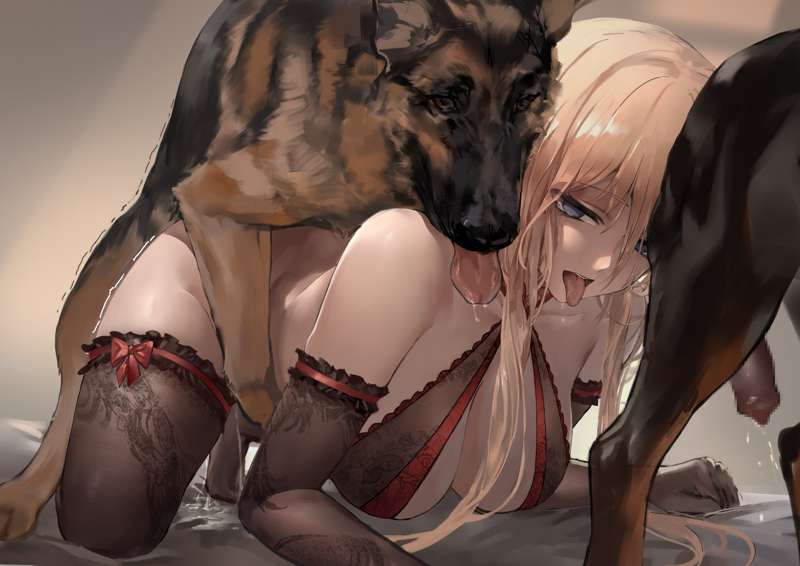 2dogs, all fours, azur lane, bestiality, bismarck (azur lane), blonde hair, canine, feral, polki, zoophilia