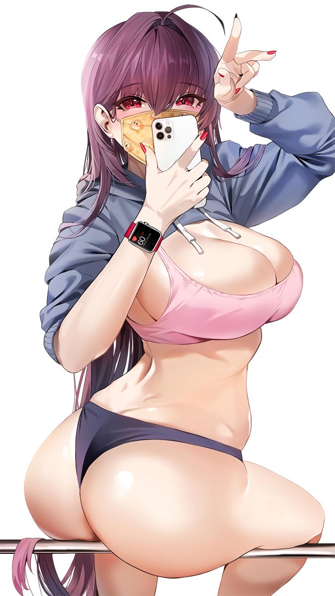 big_breasts clothed damda fate/grand_order fate_(series) kirby_(series) nail_polish nintendo phone scathach_(fate) selfie waddle_dee