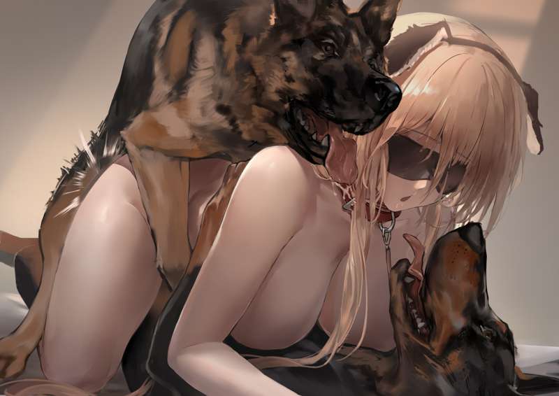 2dogs, all fours, azur lane, bismarck (azur lane), blonde hair, canine, polki, zoophilia