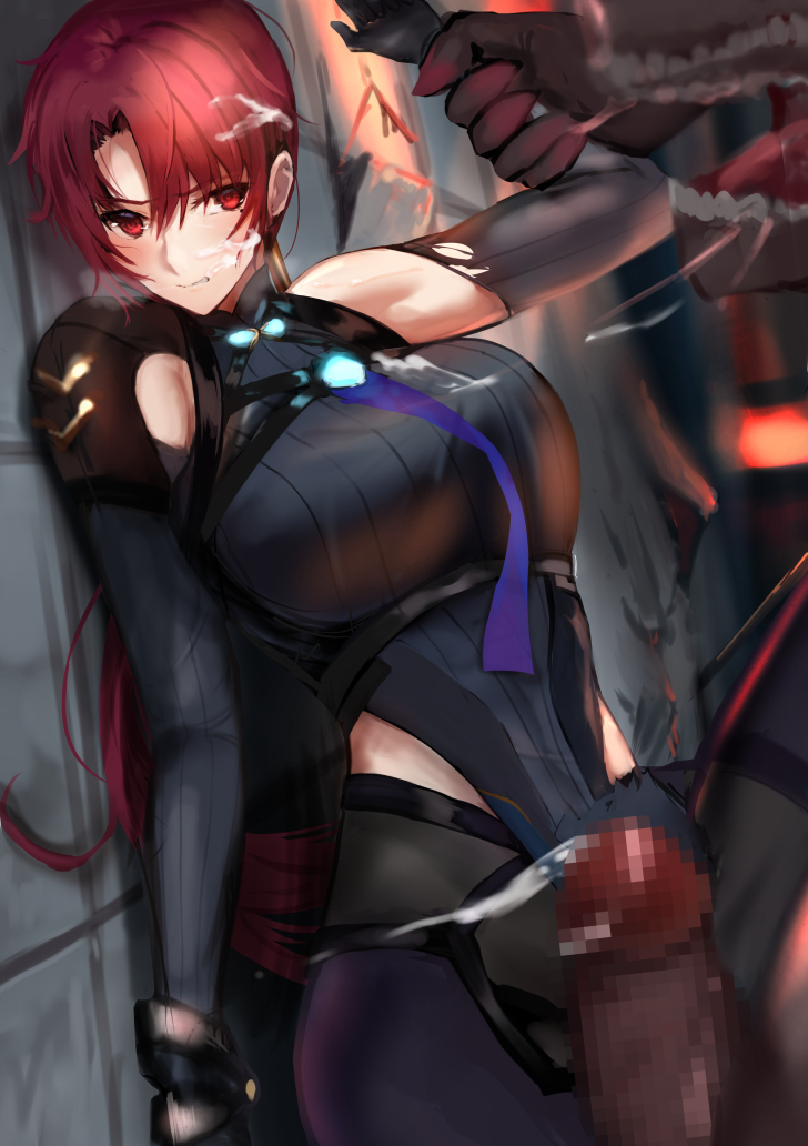 1boy bangs bazett_fraga_mcremitz black_bodysuit blush bodysuit breasts censored cum erection fate/grand_order fate_(series) female jikihatiman large_breasts long_hair low_ponytail manannan_mac_lir_(fate) mosaic_censoring parted_bangs pelvic_curtain penis red_eyes red_hair straight thighs