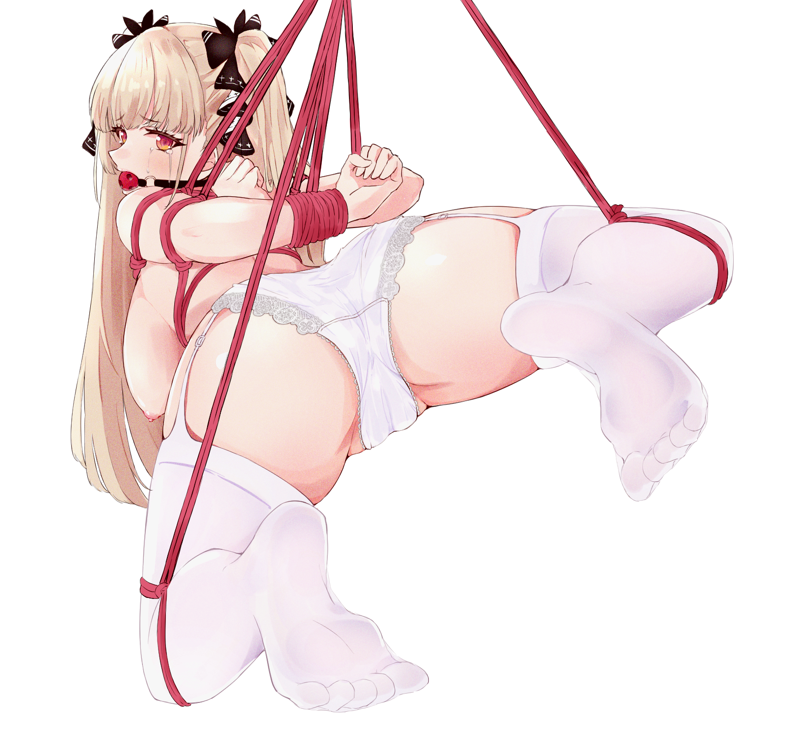 1girls, azur lane, ball gag, blonde female, blonde hair, bondage, crying, crying with eyes open, female, formidable (azur lane), gag, garter straps, mumumu hoshibito, panties, red eyes, solo, solo female, solo focus, suspension, tears, thighhighs, white legwear, white panties