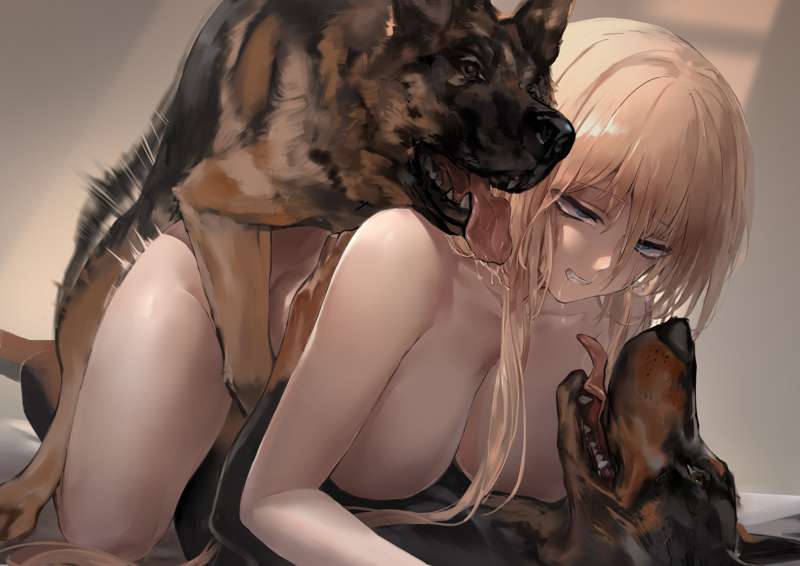 2dogs, all fours, azur lane, bismarck (azur lane), blonde hair, canine, polki, zoophilia