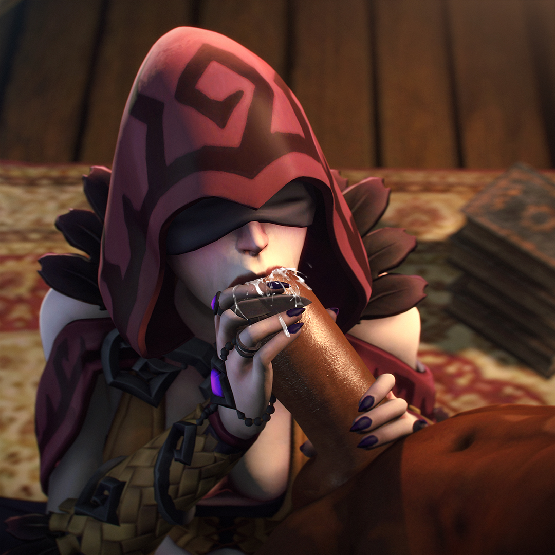 3d, big penis, blindfold, dark skin, dark-skinned male, eclair stones, fellatio, male, paladins, penis, seris (paladins), tagme