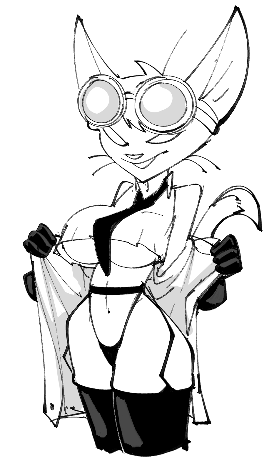 2022 anthro big_breasts breasts clothed clothing crop_top dbaru domestic_cat eyewear felid feline felis female garter_belt garter_straps gloves goggles handwear hi_res jacket legwear magnificatz mammal monochrome navel nina_(magnificatz) open_clothing open_jacket open_topwear presenting shirt simple_background smile solo stockings thigh_highs thong top_(disambiguation) topwear under_boob underwear white_background