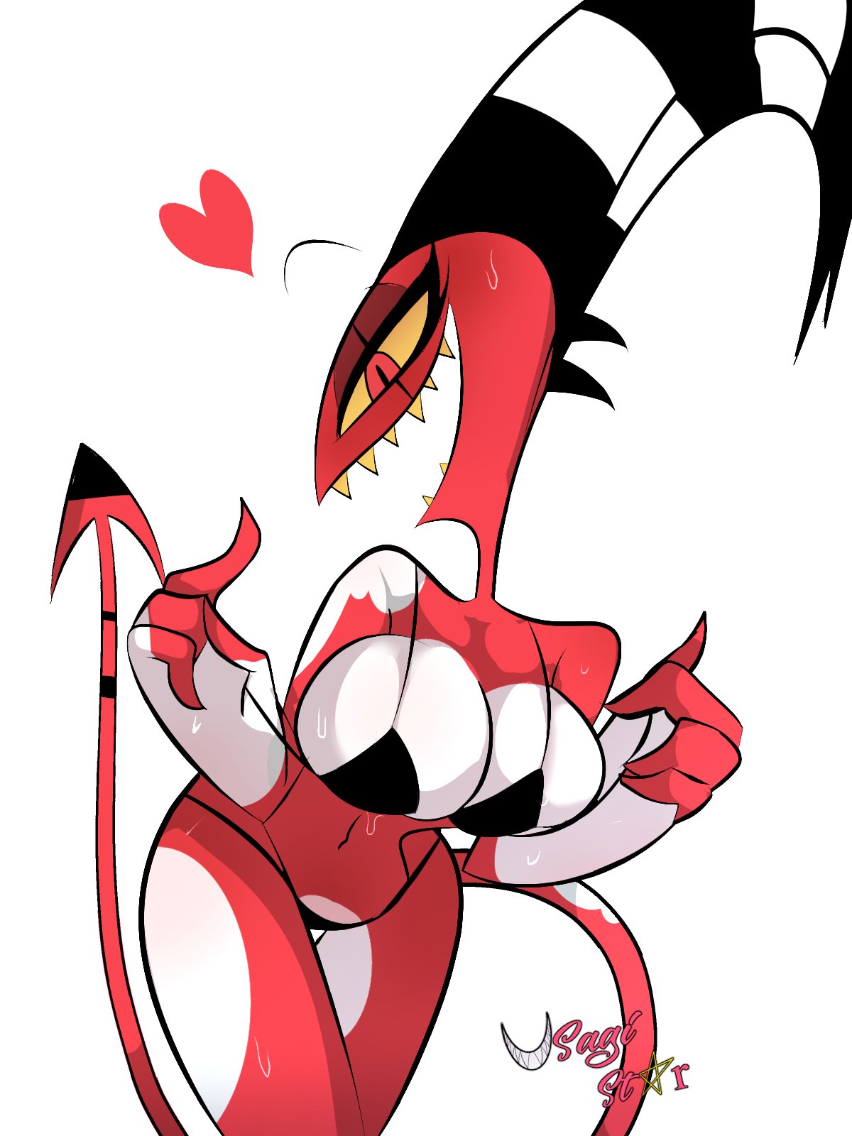 1girls, artist name, bedroom eyes, bent over, big breasts, bikini, blitzo (helluva boss), breasts, cleavage, crossgender, demon, demon girl, eyelashes, female, female blitzo, female only, fingers, genderswap, genderswap (mtf), heart, helluva boss, horn, imp, long tail, looking at viewer, mtf crossgender, red body, red eyes, red skin, rule 63, seductive, sharp teeth, simple background, slit pupils, smile, smiling, solo, solo female, sweat, sweatdrop, sweating, sweaty body, tagme, teeth, two-tone body, two-tone skin, usagi star, white background, white body, white markings, white skin, yellow sclera