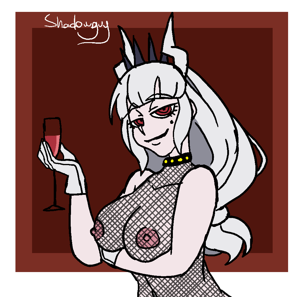 fishnet_shirt gloves helltaker lucifer_(helltaker) nipples see-through_clothing shadowguy tagme wine_glass