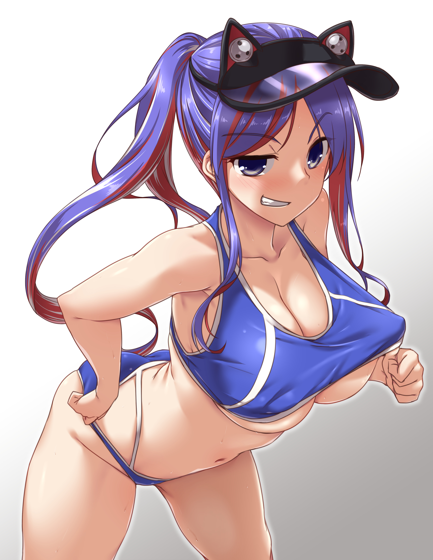 ass, bangs, bare arms, bare legs, bare shoulders, big breasts, bikini, bikini pull, blue bikini, blue hair, blush, breasts, cleavage, clothes pull, collarbone, cowboy shot, eyebrows visible through hair, female, grin, groin, hat, highres, kantai collection, large breasts, leaning forward, long hair, looking at viewer, multicolored hair, navel, ponytail, purple eyes, red hair, simple background, smile, smug, solo, south dakota (kantai collection), streaked hair, sweat, swimsuit, swimsuit pull, visor cap, white background, yoshi tama