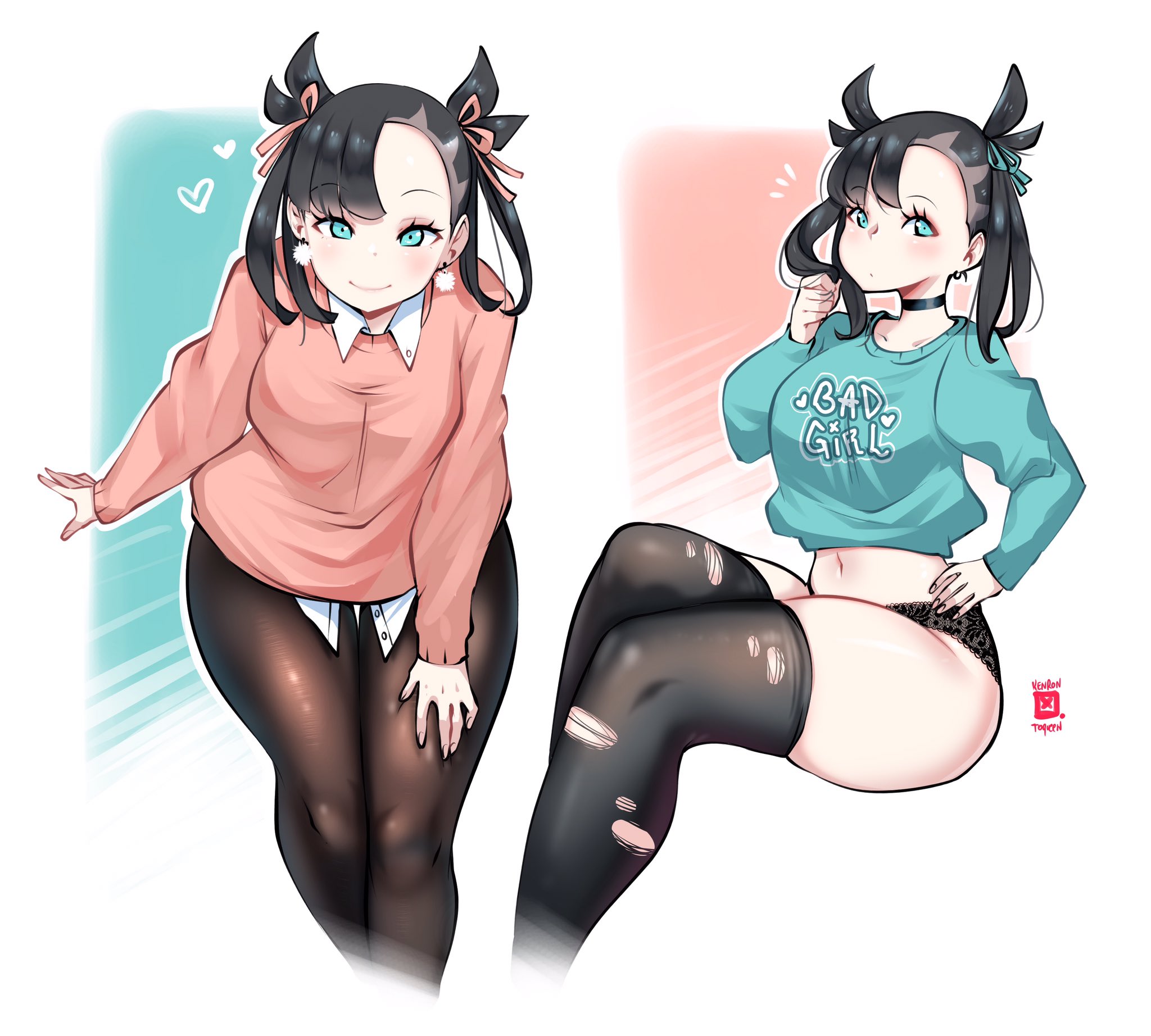 1girls, aqua eyes, black hair, black thighhighs, choker, female, female only, hi res, kenron toqueen, looking at viewer, marnie (pokemon), nintendo, pantyhose, pokemon, pokemon ss, sitting, smiling, smiling at viewer, solo, solo female, sweater, thick thighs, thigh squish, thighhighs, torn thighhighs, twintails