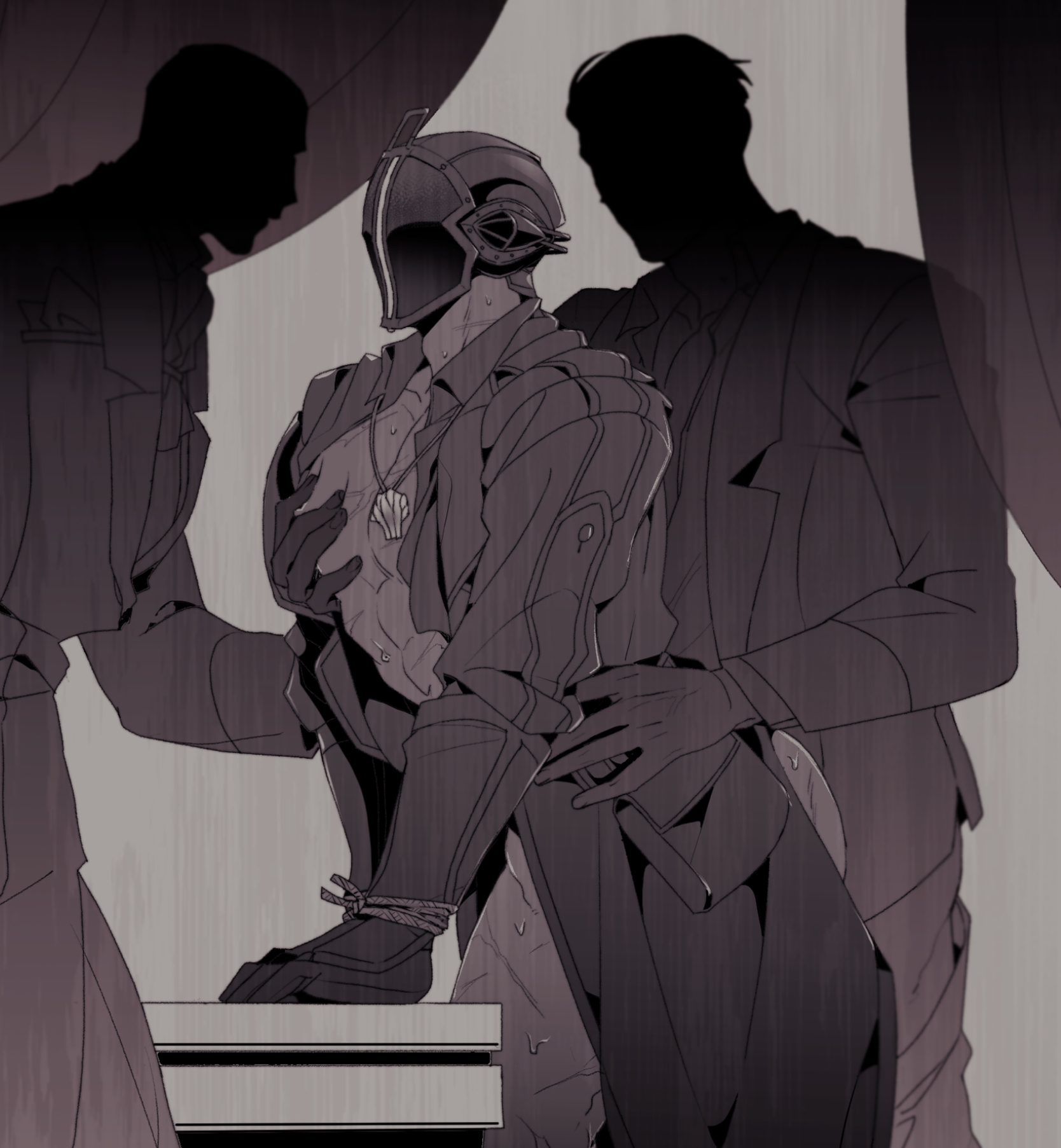 3boys, bondrewd, bound wrists, faceless, faceless male, from behind, gay, groping, groping from behind, helmet, implied anal, implied sex, made in abyss, male, male only, mask, masked, masked male, multiple boys, multiple males, muscular, muscular male, open clothes, open jacket, pec grasp, restricted palette, scars, spes 2323, sweat, waist grab, yaoi