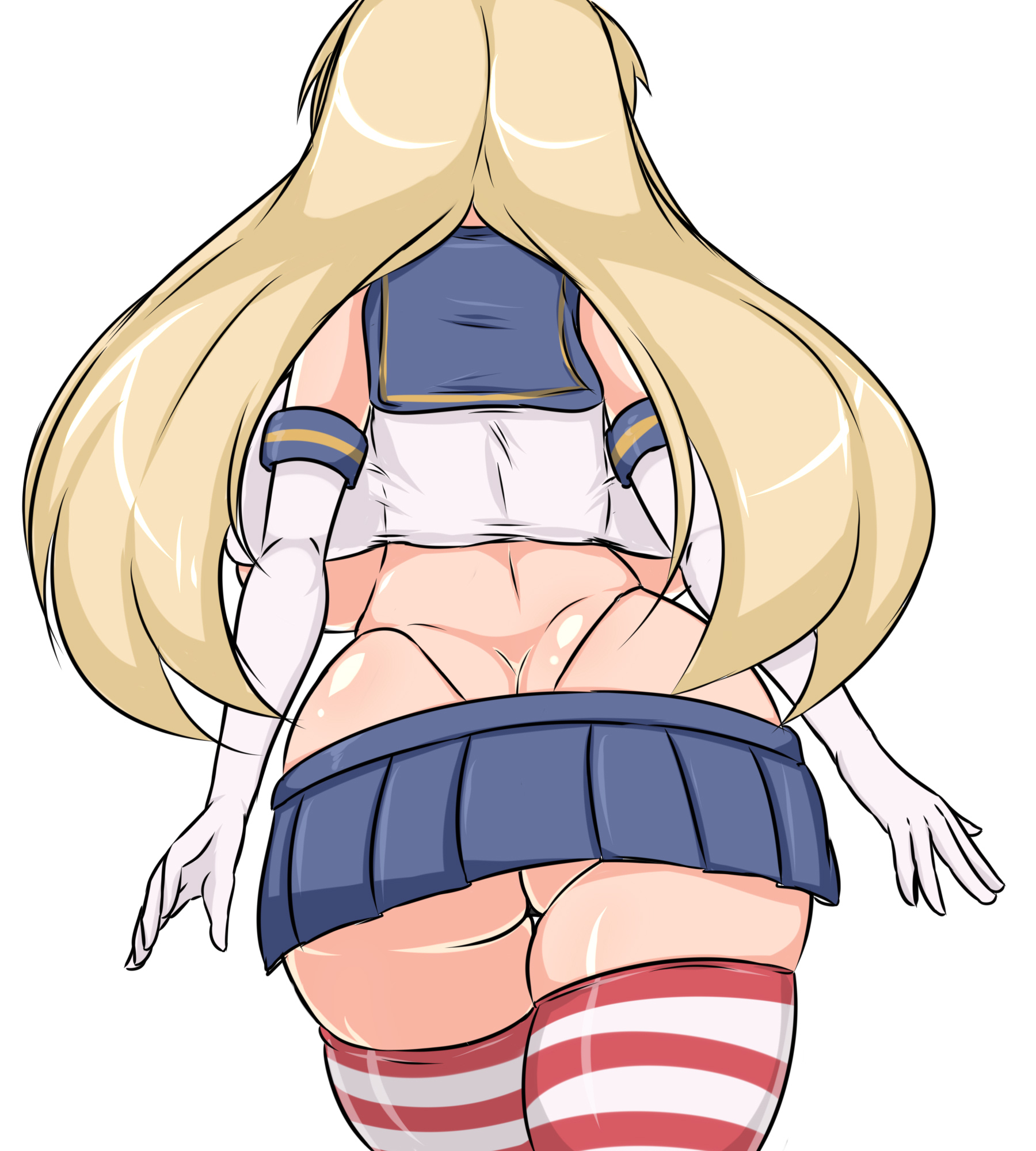 alternate breast size, ass, ass cleavage, ass crack, ass hanging out, ass hanging out of skirt, backboob, blonde hair, breasts, butt crack, crop top, curvy, elbow gloves, facing away, female, from behind, gloves, highres, huge breasts, kantai collection, long hair, microskirt, moyashi udon, plump, sailor collar, sailor shirt, shimakaze (kantai collection), shirt, shortstack, skindentation, skirt, solo, striped, striped legwear, thick thighs, thighhighs, thighs, thong, tight, undersized clothes, very long hair, walking, whale tail, white background, white gloves