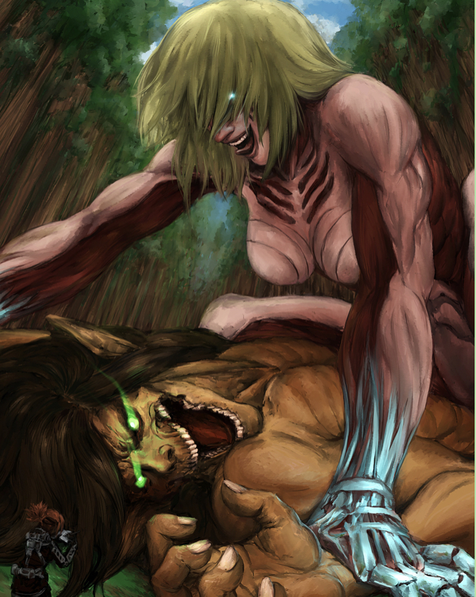 1boy 1girls annie_leonhardt artist_request athletic_female attack_on_titan attack_titan blonde_hair blue_eyes cowgirl_position ereannie eren_jaeger female female_titan forest hanji_zoe houdao920 implied_sex implied_vaginal medium_hair naughty_face on_floor pleasure_face rape shingeki_no_kyojin tongue tongue_out vaginal_penetration