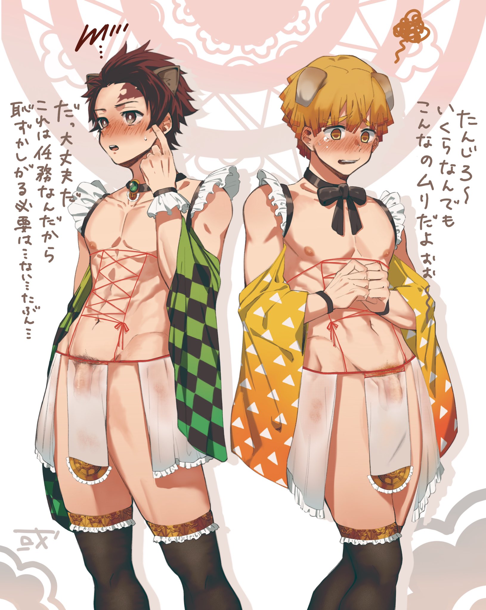 2boys, alternate costume, animal ears, arurun1231, bare chest, bare shoulders, black legwear, black thighhighs, blonde hair, blush, brown hair, cat ears, convenient censoring, crossdressing, demon slayer, dog ears, embarrassed, facial scar, femboy, feminine male, flaccid, frilled legwear, frilled sleeves, frills, japanese text, kamado tanjirou, kimetsu no yaiba, male, male only, male pubic hair, muscular, muscular femboy, neck ribbon, necklace, nervous, off shoulder, pelvic curtain, penis, pubic hair, sweatdrop, tears, thighhighs, translated, twink, wide sleeves, yellow eyes, zenitsu agatsuma