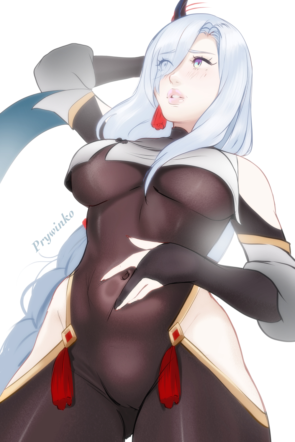 big breasts, breasts, female, fully clothed, genshin impact, hair ornament, long hair, navel, prywinko, shenhe (genshin impact), sketch, thick thighs, tight clothing, underboob, white hair, wide hips