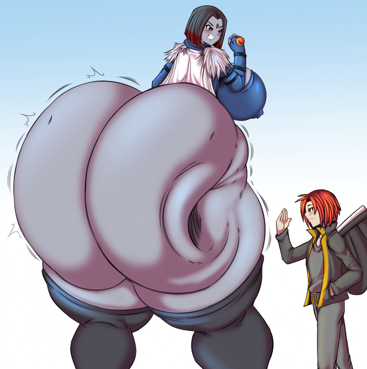 1boy, 1girls, angry, annoyed, ass, ass jiggle, ass slap, ass smack, big ass, big breasts, big butt, bouncing ass, breasts, bubble ass, bubble butt, dc, dc comics, dragonicxs, duo, enormous ass, fat ass, female, giant ass, giantess, gigantic ass, gofenix, huge ass, huge breasts, huge hips, hyper, hyper ass, hyper hips, large ass, large female, larger female, male, massive ass, mini giantess, nipple outline, rachel roth, raven (dc), size difference, slap, smaller male, spanked butt, spanking, spanking ass, teen titans, thick ass, wide hips