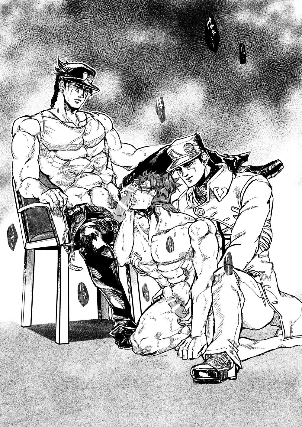 3boys age_difference anal anal_penetration anal_sex bara black_and_white closed_eyes fellatio gay hat_stays_on_during_sex jojo's_bizarre_adventure jotaro_kujo male/male male_focus male_only mmm_threesome muscular muscular_male noriaki_kakyoin older_penetrating_younger oral oral_sex oral_while_penetrated stardust_crusaders threesome vento_aureo yaoi