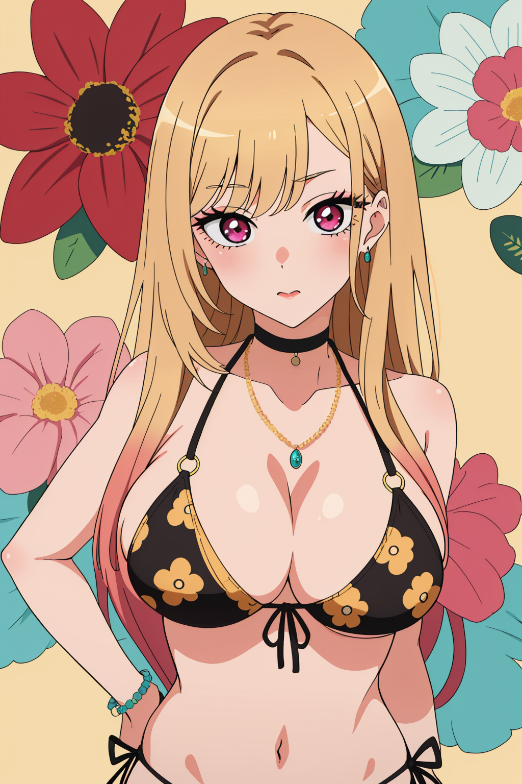 1girls ai_generated bare_shoulders bikini black_bikini black_choker blonde_hair bracelet breasts choker cleavage collarbone earrings faden139 floral_print flower gyaru kitagawa_marin large_breasts mature_female navel necklace official_art pink_eyes revealing_clothes shiny_skin sono_bisque_doll_wa_koi_wo_suru string_bikini swept_bangs upper_body