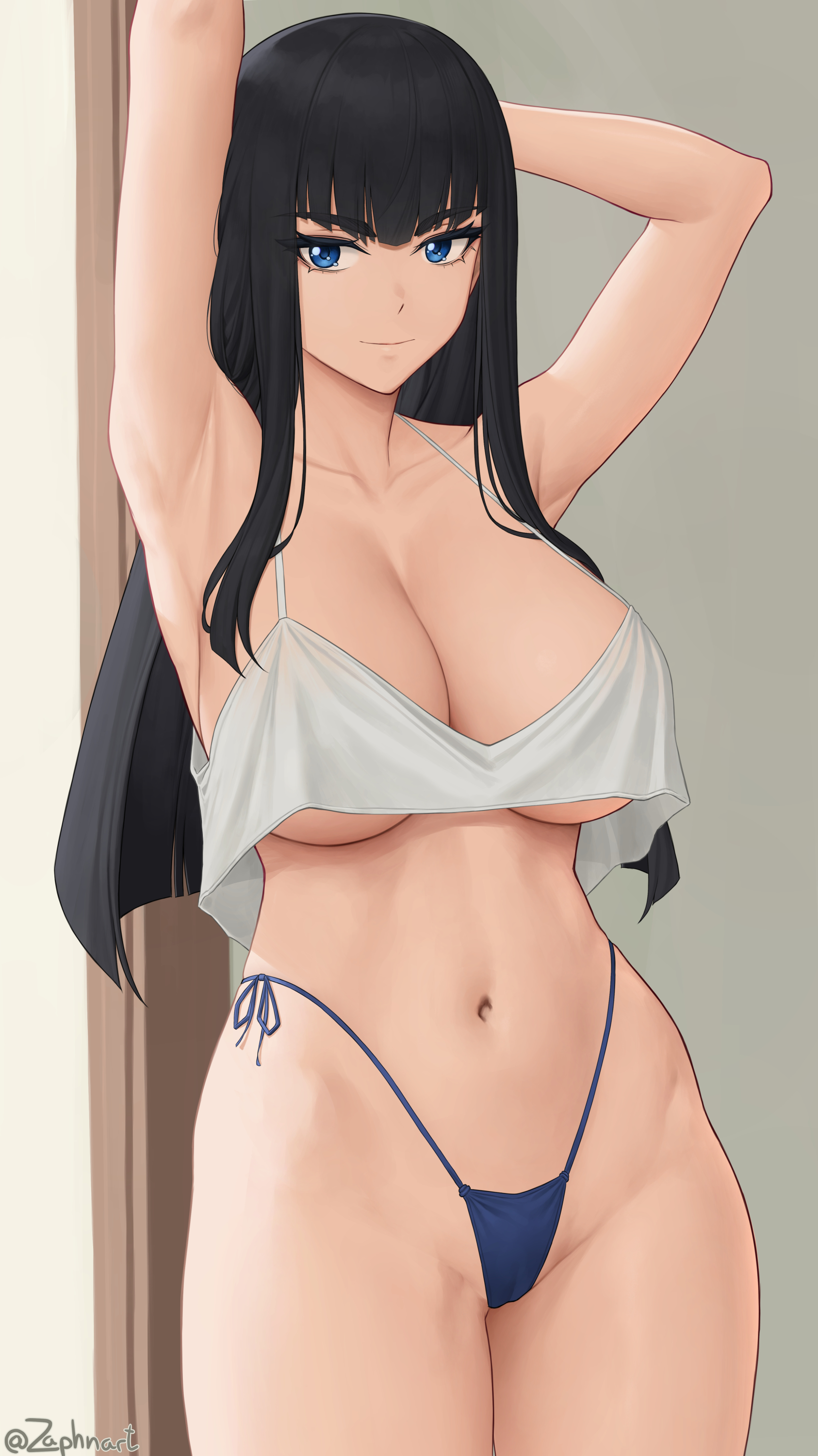 1girls, 2022, armpits, arms above head, arms up, artist signature, belly button, black hair, blue eyes, blue panties, breasts, cleavage, eyebrows visible through hair, female, female only, hi res, high waisted thong, hips, huge breasts, kill la kill, kiryuuin satsuki, long hair, looking at viewer, midriff, navel, panties, side-tie panties, slim waist, smile, solo, tank top, thick thighs, thighs, thong, underboob, white tank top, wide hips, zaphn
