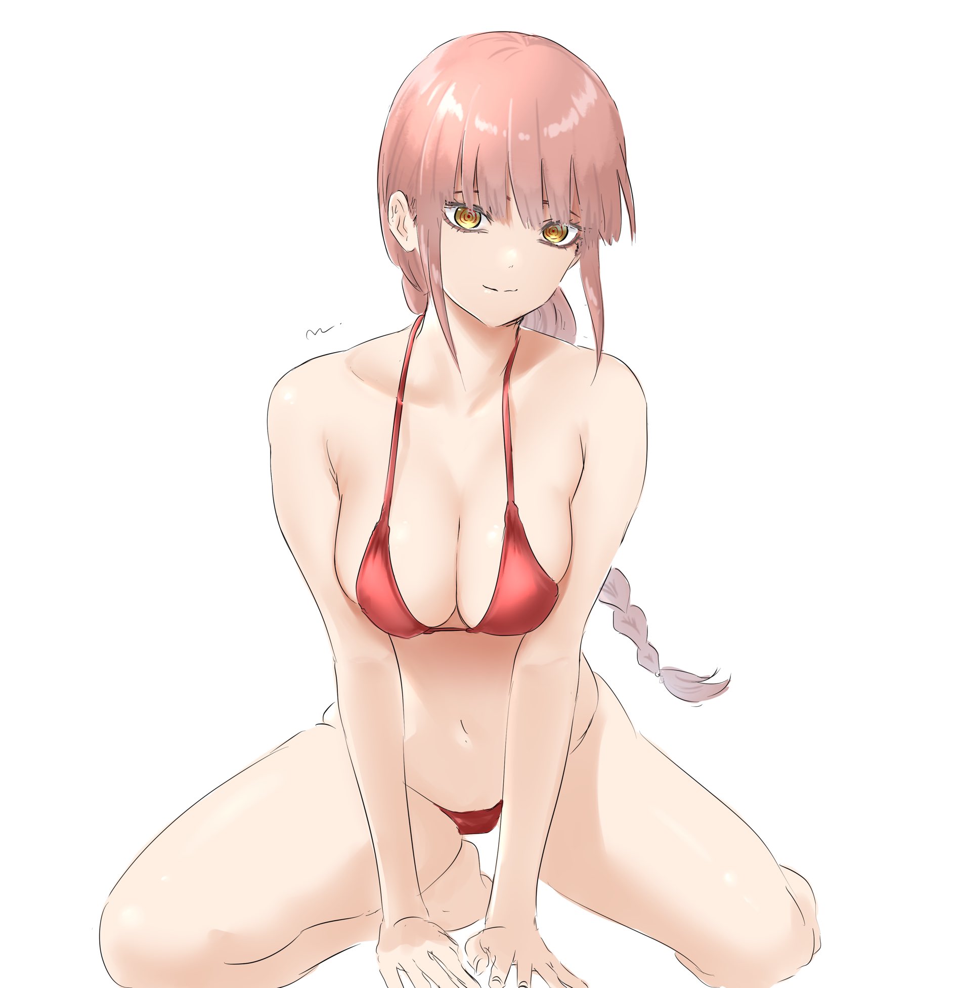 big breasts, bikini, breasts, chainsaw man, female, makima (chainsaw man), red bikini, red hair, thick thighs, white background, yellow eyes