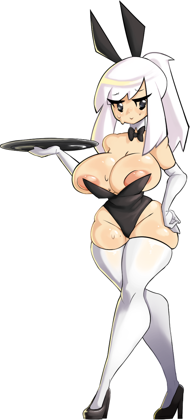 alternate_version_available areola ass background black_eyes blush bunny_ears bunny_girl bunnysuit byternomar clothes clothing embarrassed fat_ass genderswap genderswap_(mtf) geo_(gwain_saga) gwain_saga heat heated horny hourglass_figure large_breasts looking_away looking_down nipple_slip nipples original playboy_bunny rule_63 smile solo solo_female solo_focus stockings sweat sweating thighhighs transparent_background tray white_hair white_stockings