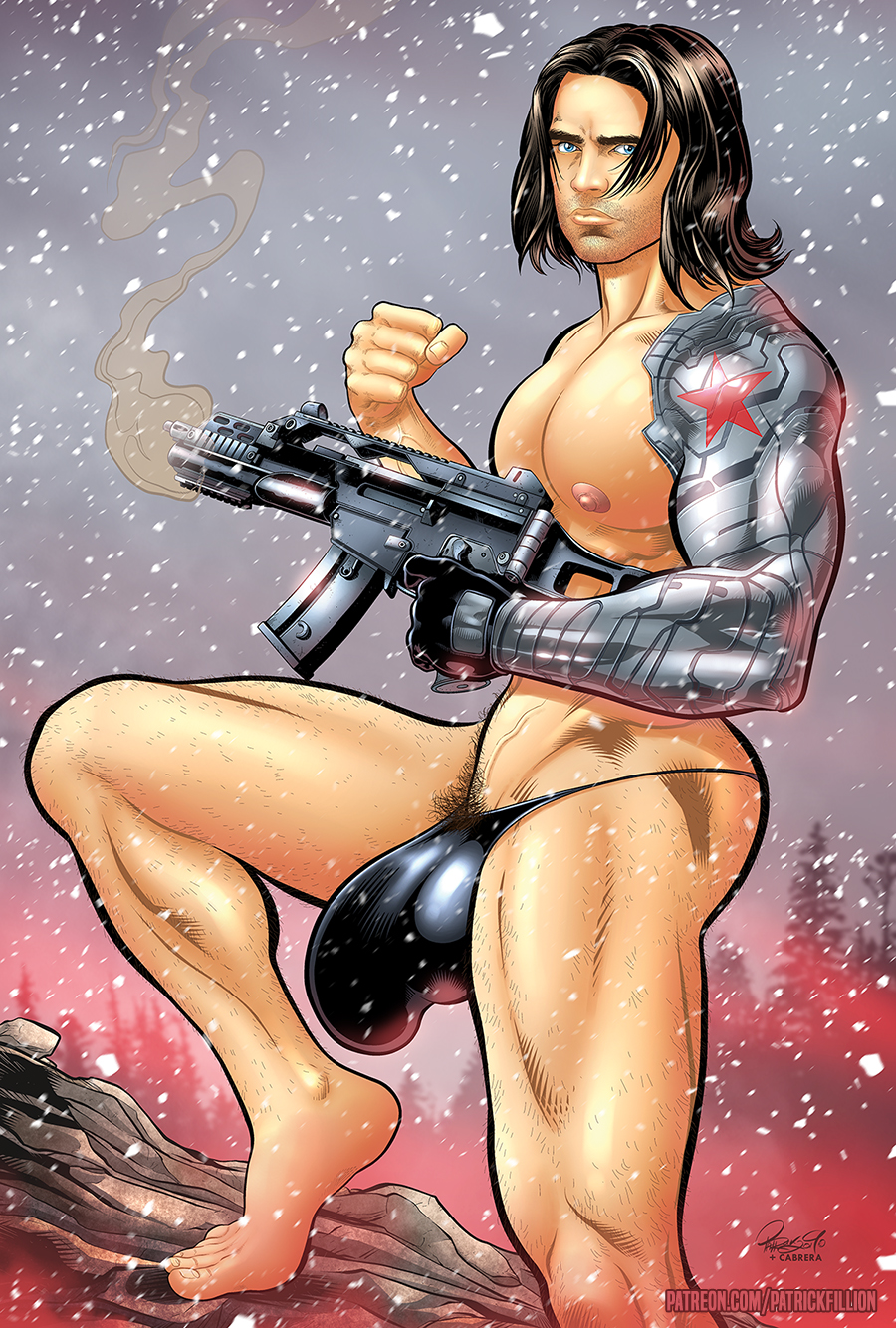 1boy big_balls big_bulge big_penis bodyhair bucky_barnes bulge cybernetics giant_bulge giant_penis gun leg_hair looking_at_viewer male male_only marvel marvel_cinematic_universe one_leg_up patrick_fillion pointy_nipples prosthetic_arm pubes sebastian_stan smoking_gun snowing solo thong underwear winter_soldier