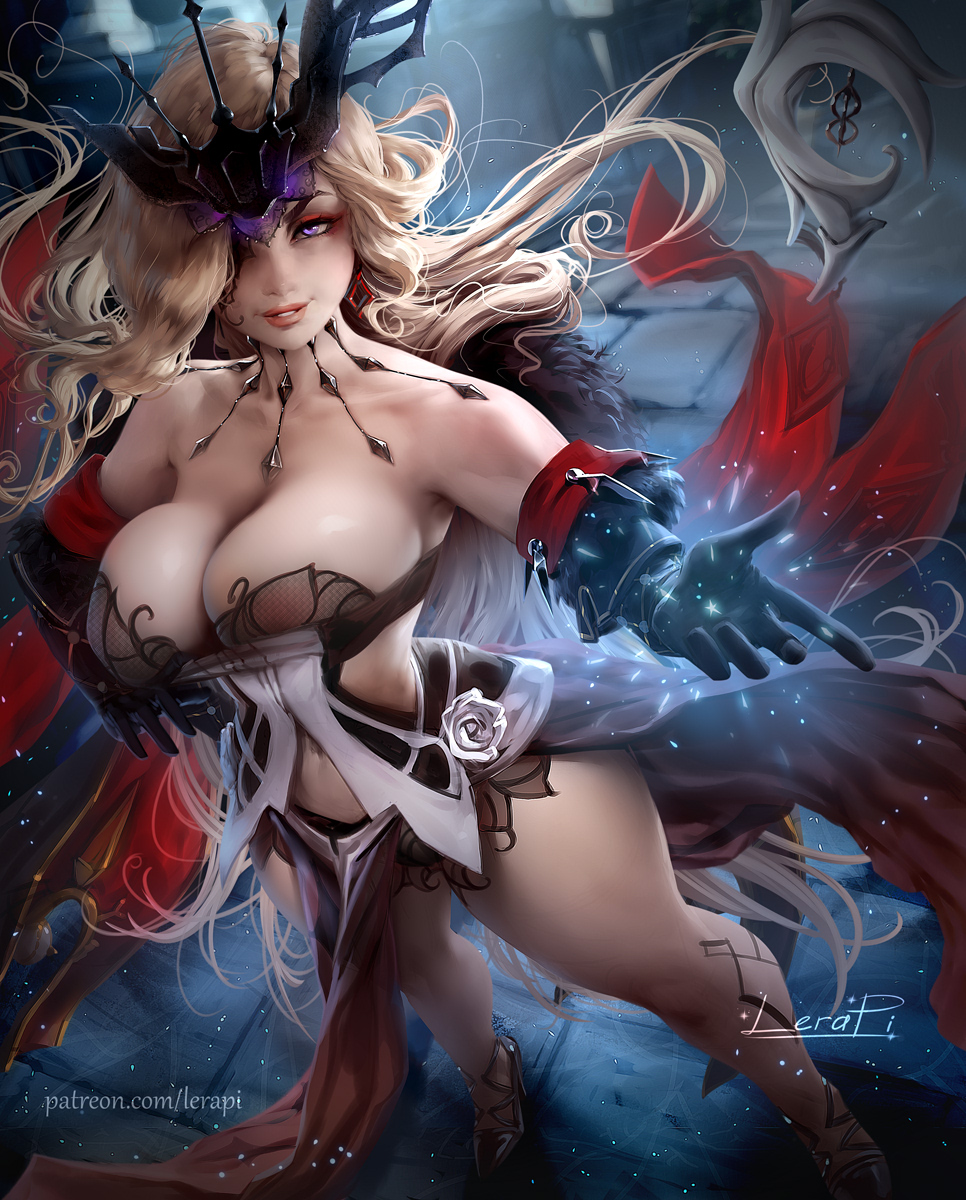 1girls, aleriia v, big breasts, blonde hair, breasts, cleavage, fatui, female, female focus, female only, genshin impact, gloves, hair over one eye, lerapi, long hair, npc, purple eyes, signora (genshin impact), thick thighs, thighs