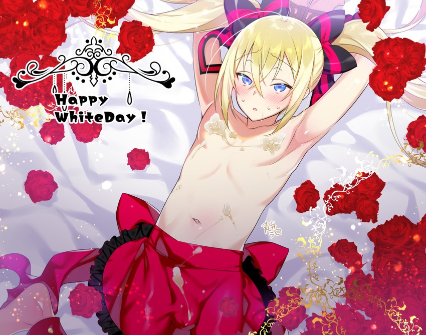 1boy apron apron_only bishonen blonde_hair blonde_hair_male blue_eyes blush bow bulge chocolate chocolate_on_body commentary_request english_text femboy hair_between_eyes hairbow long_hair looking_at_viewer male male_focus male_only mama_(marui_shiro) marui_shiro naked_apron navel nipples original otoko_no_ko solo solo_focus solo_male sweatdrop trap twink twintails valentine very_long_hair very_long_hair_male waist_apron white_chocolate yellow_hair